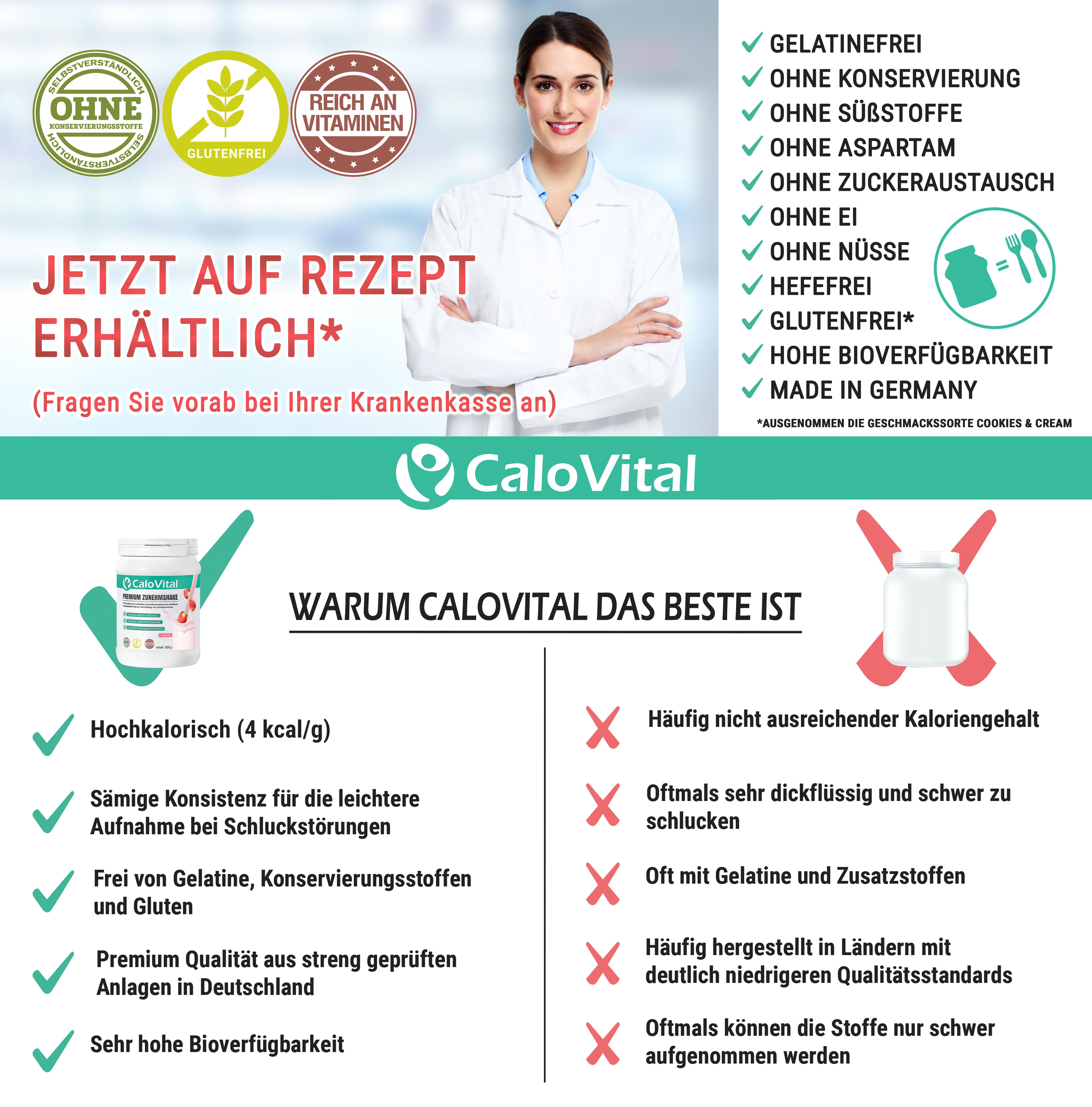 Infografik mit Informationen zu CaloVital. Eine Frau im weißen Kittel steht neben Texten.