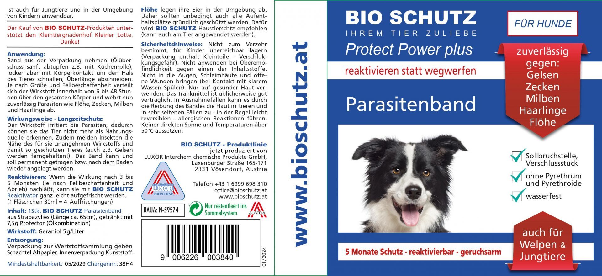 Produktverpackung mit Produktnamen und Hundefoto. Text: Bio Schutz Parasitenband Protect Power Plus. Zuverlässig gegen: Gelsen, Zecken, Milben, Haarlinge, Flöhe. Rückseite mit Text.