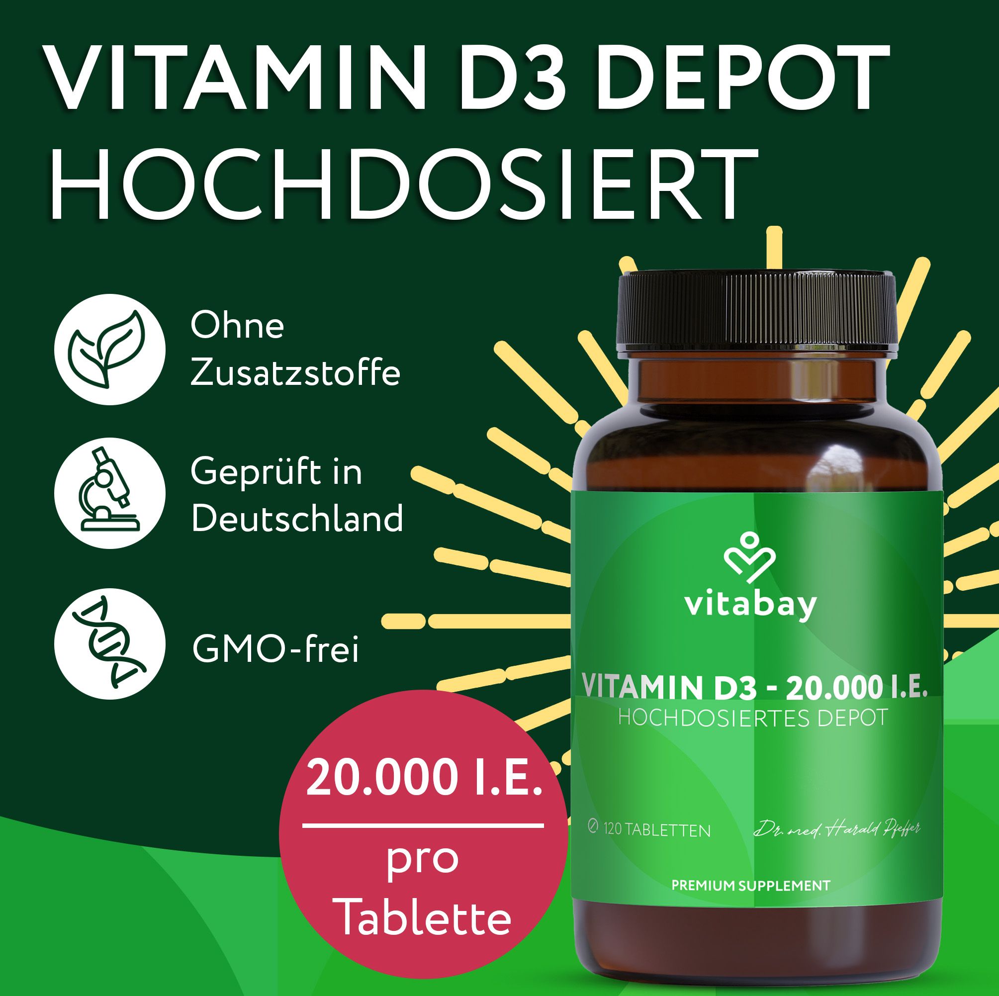 Vitabay Vitamin D3 Depot Hochdosiert: Flasche mit Etikett, "Geprüft in Deutschland", "GMO-frei".