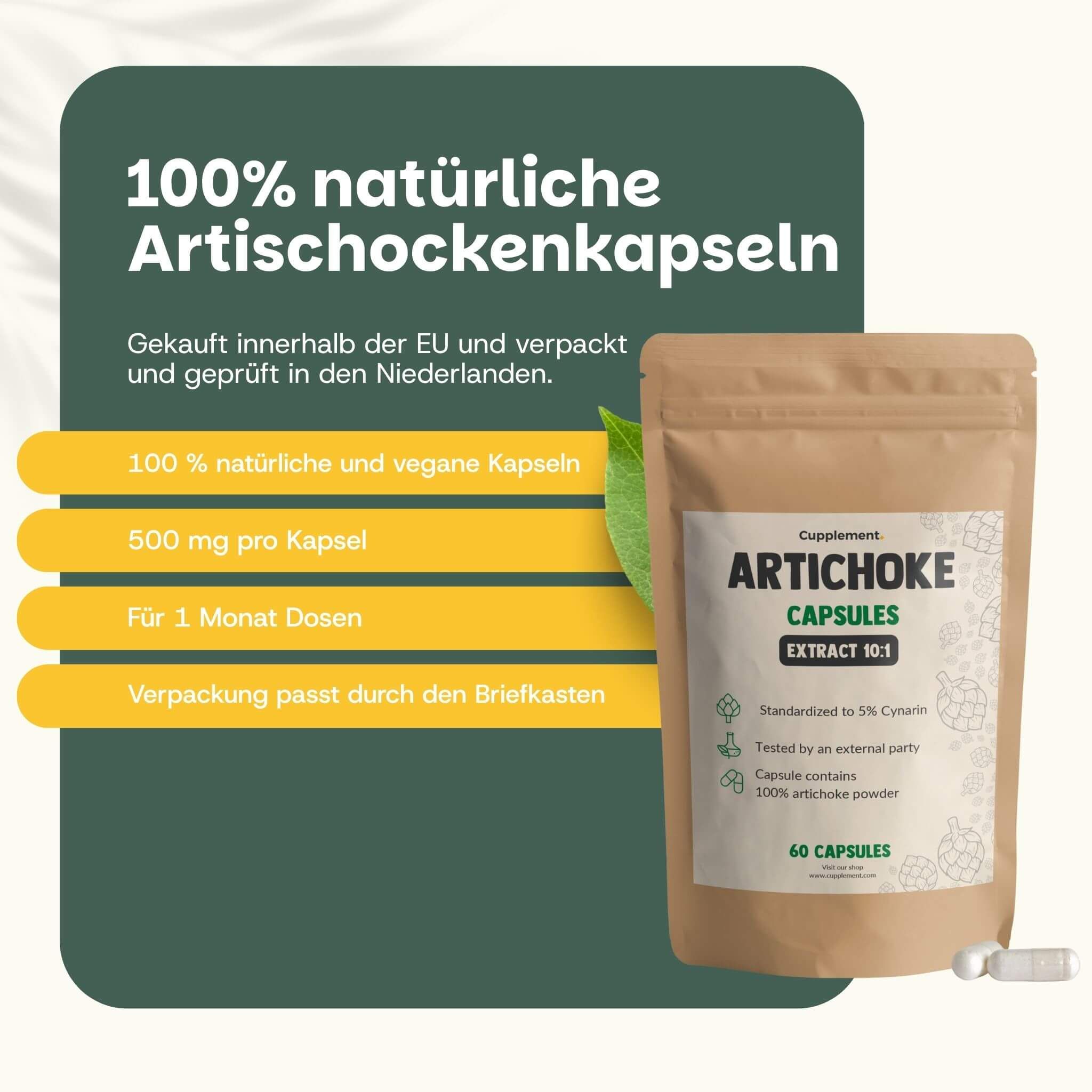 Braune Tüte mit „ARTICHOKE CAPSULES“. Text: „100% natürliche Artischocken Kapseln“. 60 Kapseln.