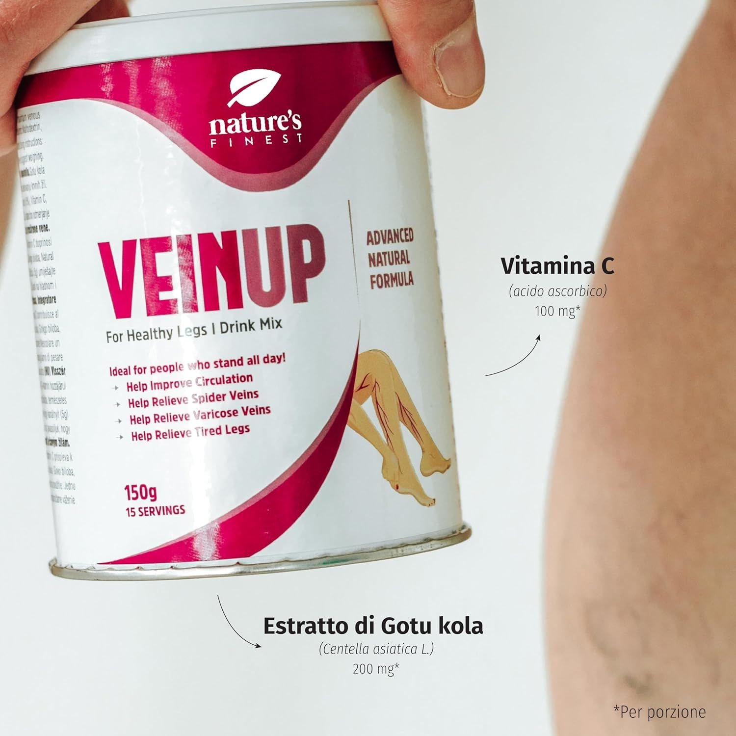 Person hält Dose Nature's Finest VEIN UP. Text: Vitamin C, Gotu Kola Extrakt. Venen an Bein sichtbar.