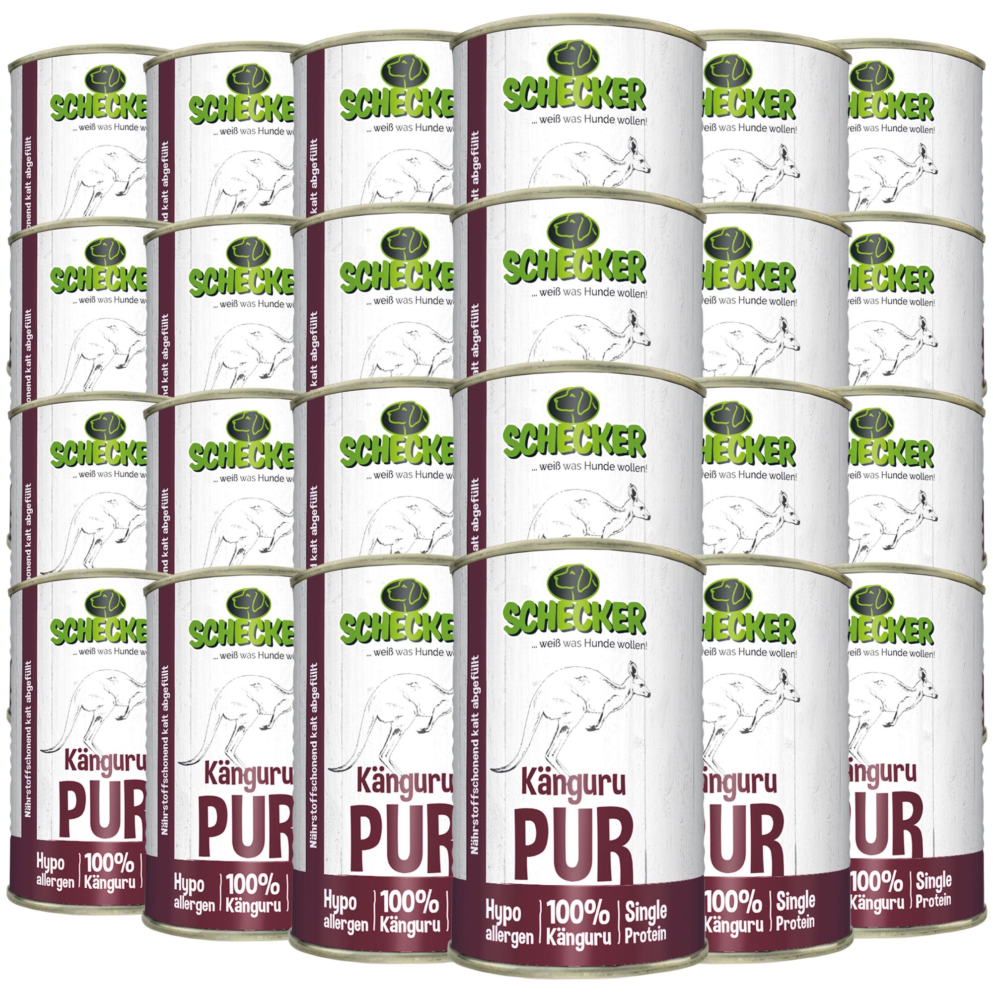 Mehrere Dosen Schecker Nassfutter Känguru PUR. Dosen mit Etikett, Text: Känguru PUR, 100% Känguru, Hypoallergen.