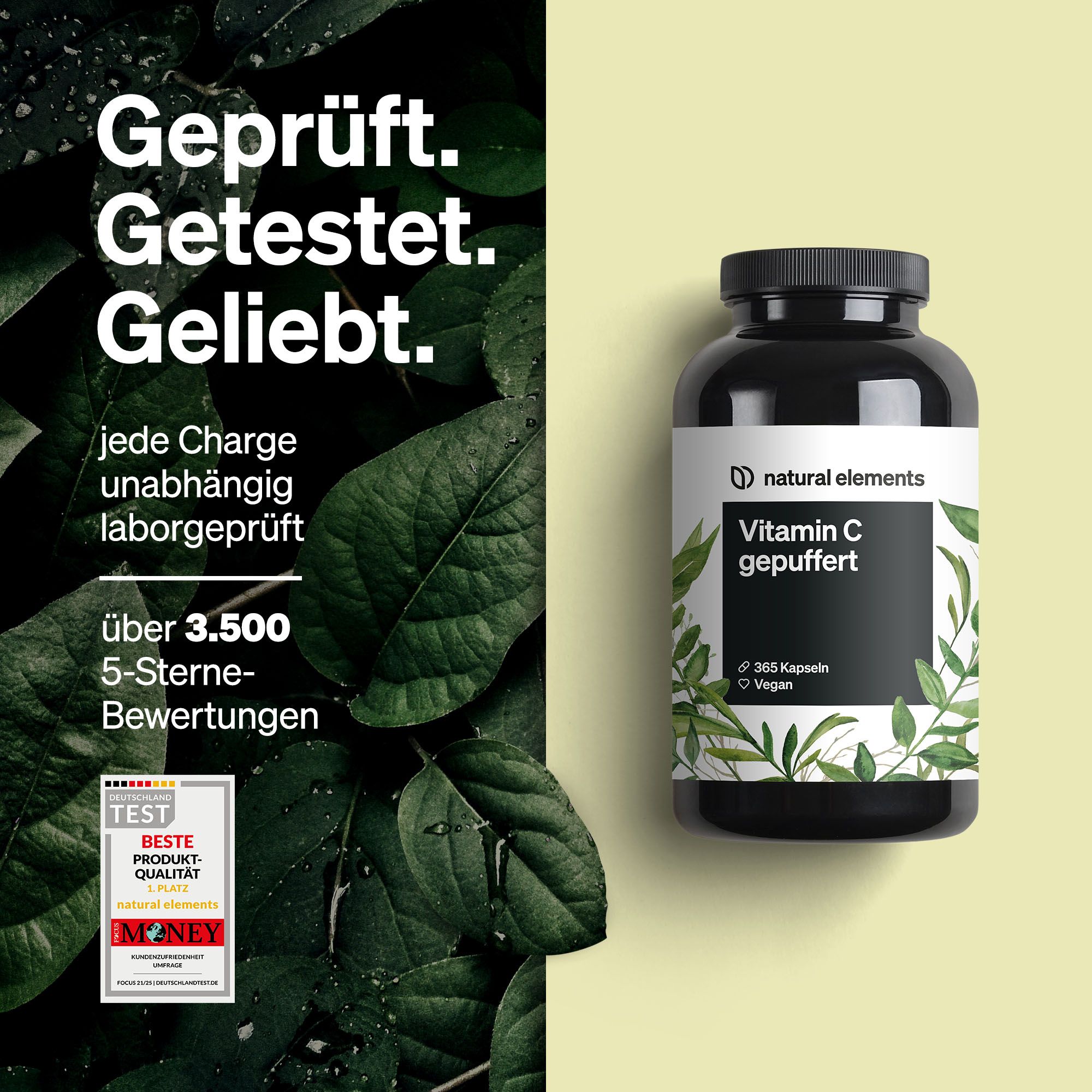 Schwarze Flasche mit weißem Etikett. Text: Vitamin C gepuffert, 365 Kapseln, Vegan. Marke: natural elements. Auszeichnung.