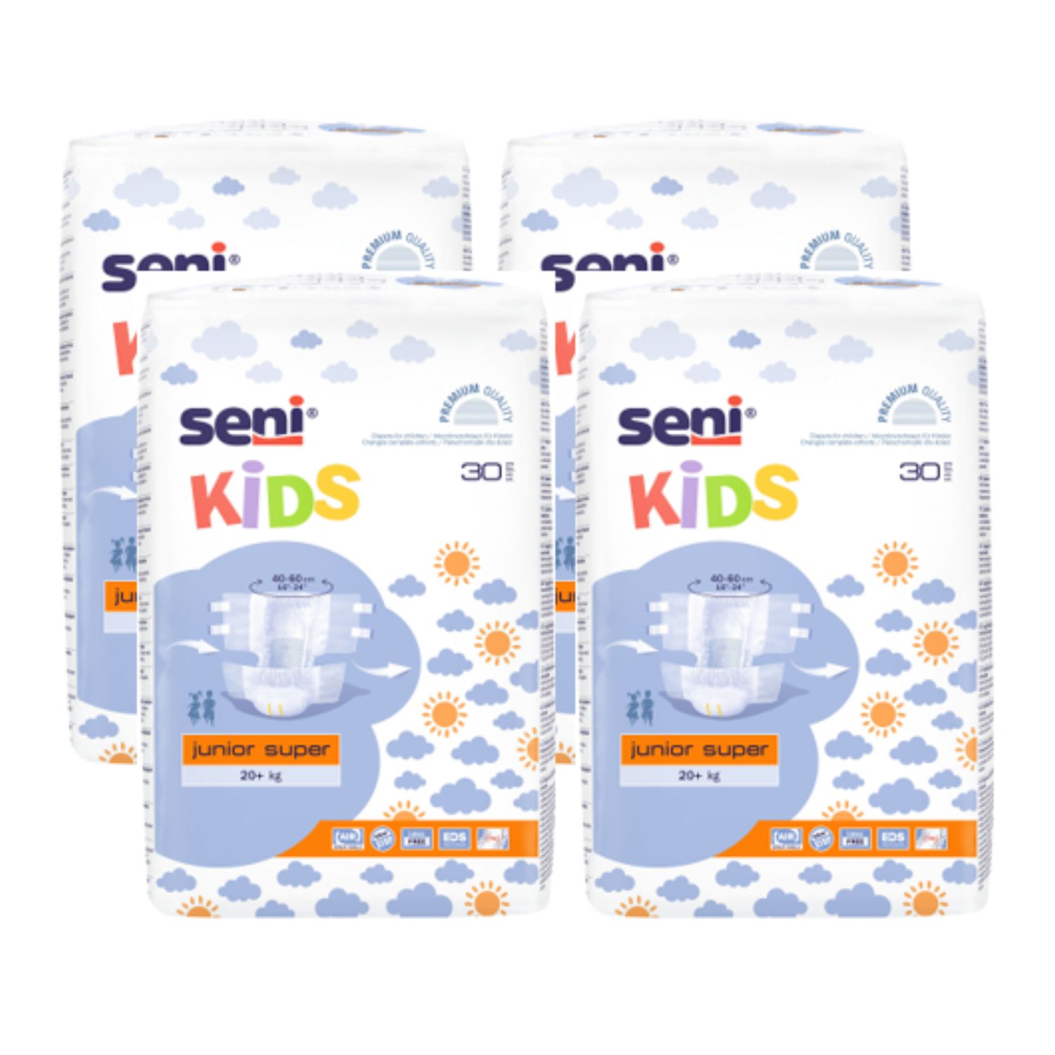 Vier Packungen Seni Kids Junior Super Windeln. Blaue Verpackung mit Produktabbildung, Wolken und Sonne. Aufschrift: Kids, Junior Super.