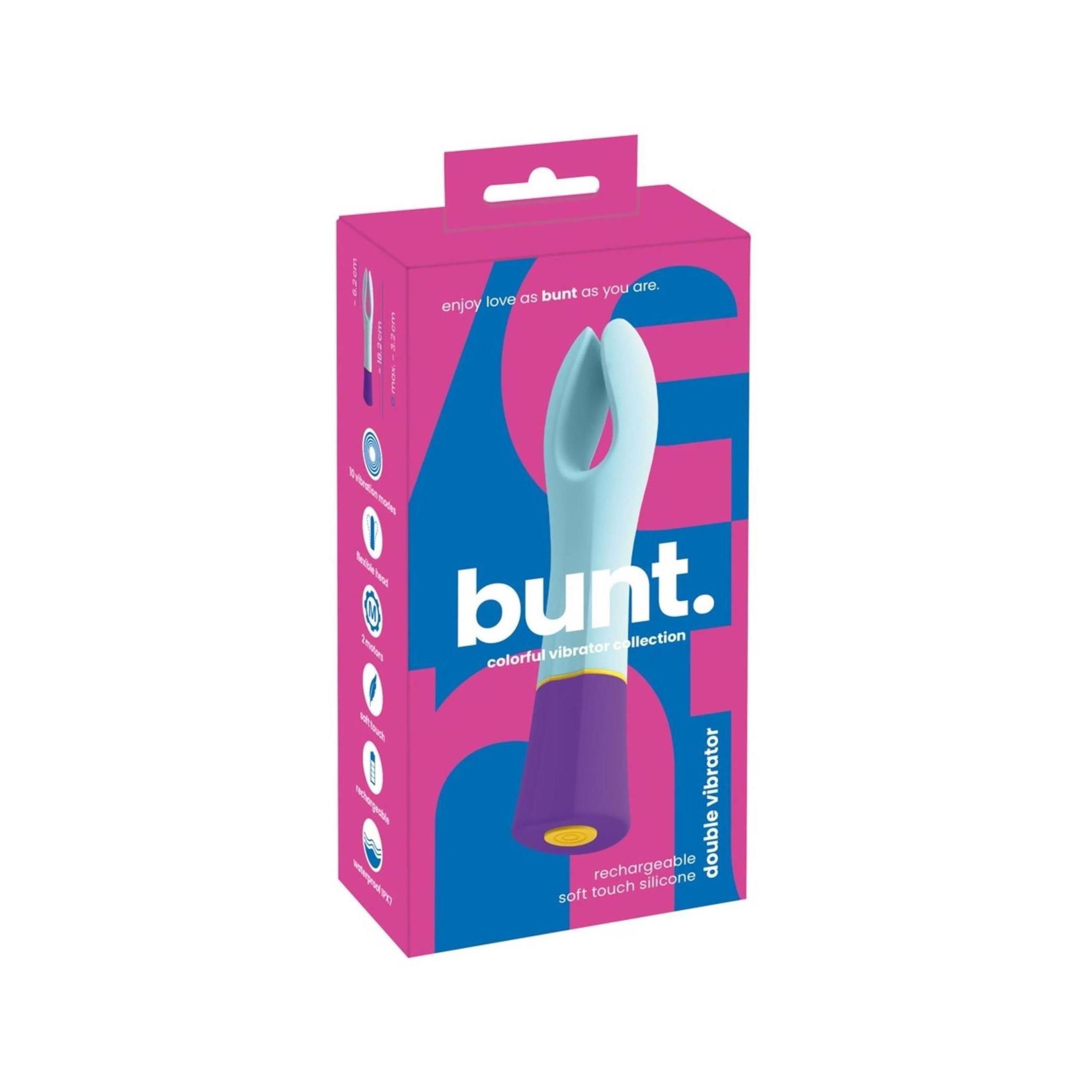 Verpackung eines doppelten Vibrators in Hellblau und Lila mit gelbem Knopf.