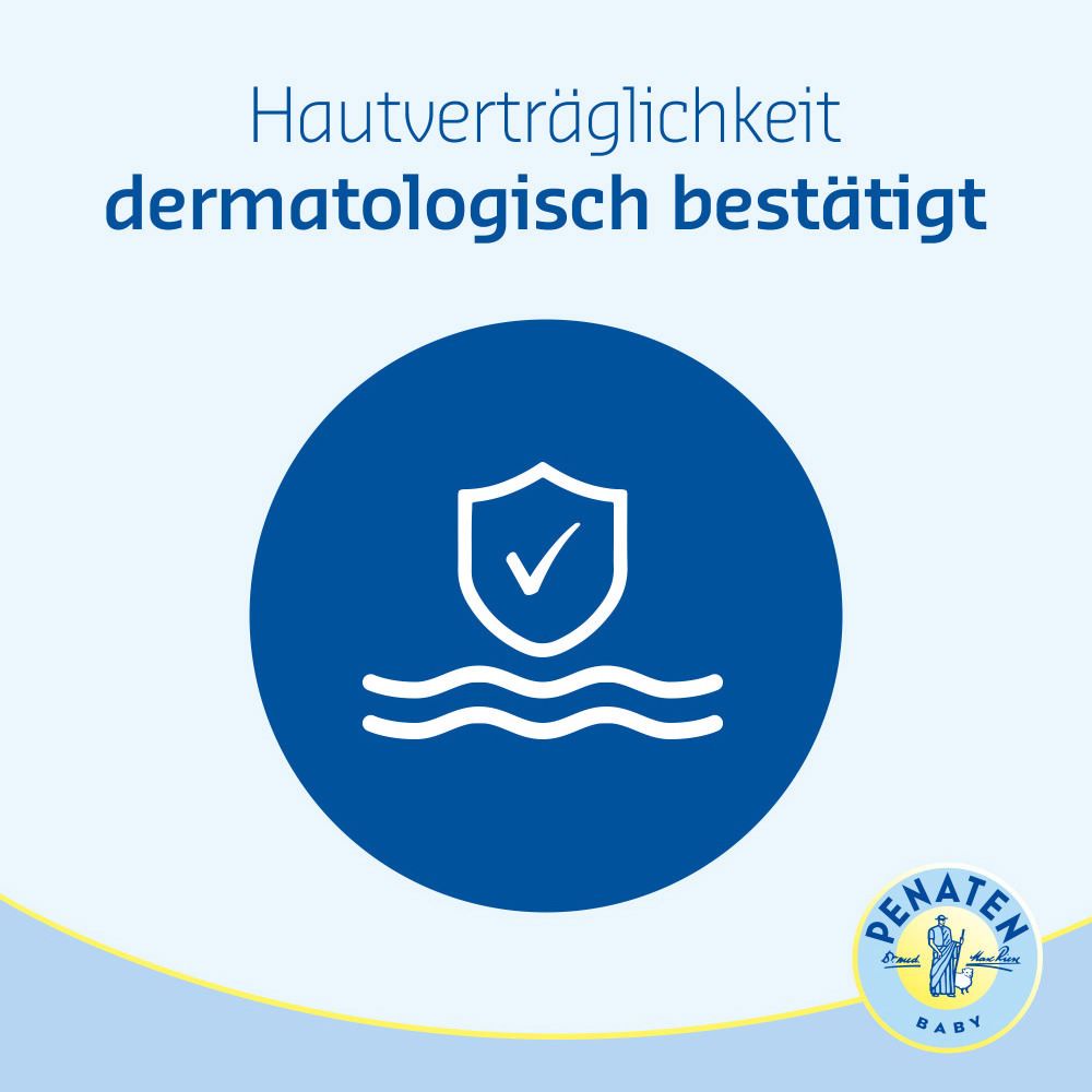Blauer Kreis mit Schild-Symbol. Text: Hautverträglichkeit dermatologisch bestätigt. Penaten Baby Logo.