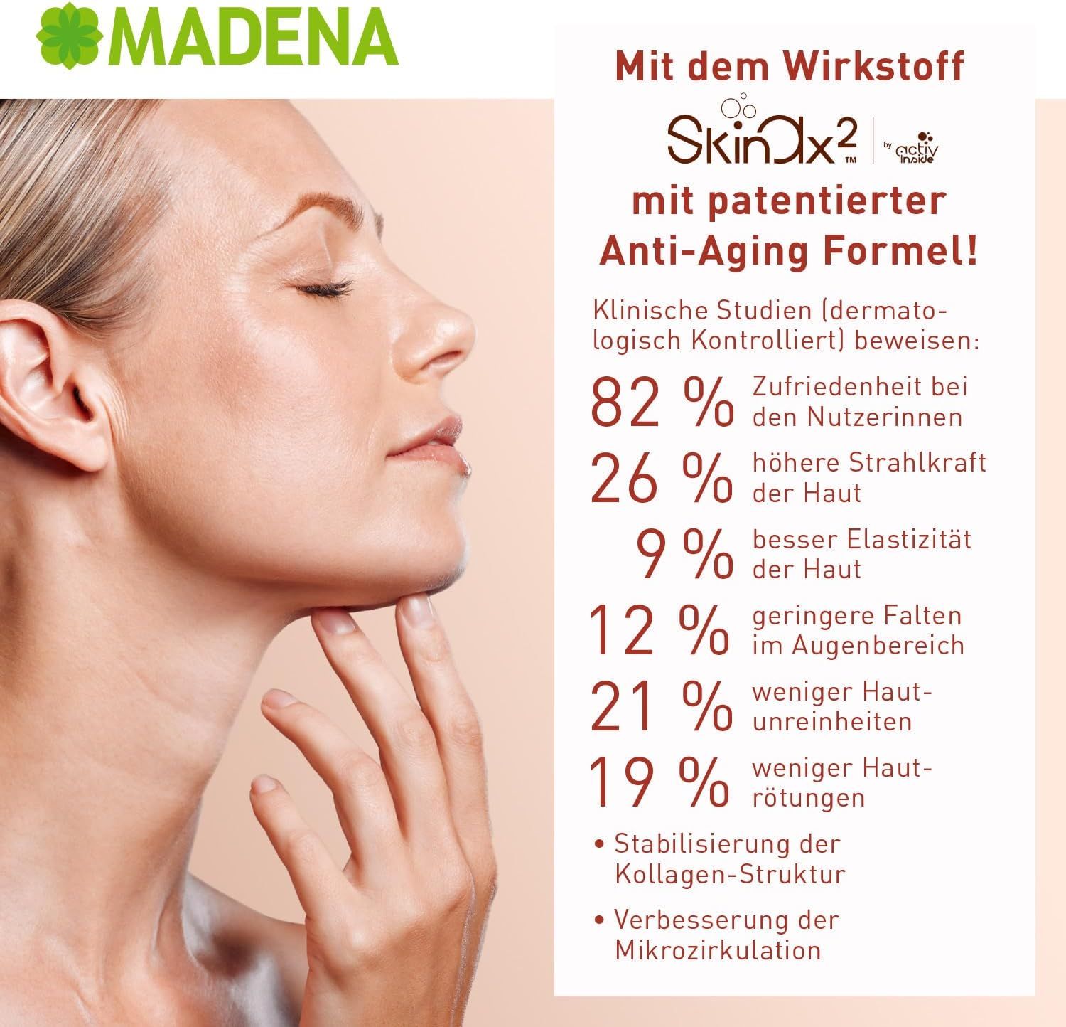 Frau mit geschlossenen Augen. Text: Mit dem Wirkstoff Skin Ax2 mit patentierter Anti-Aging Formel. Klinische Studien belegen Ergebnisse.