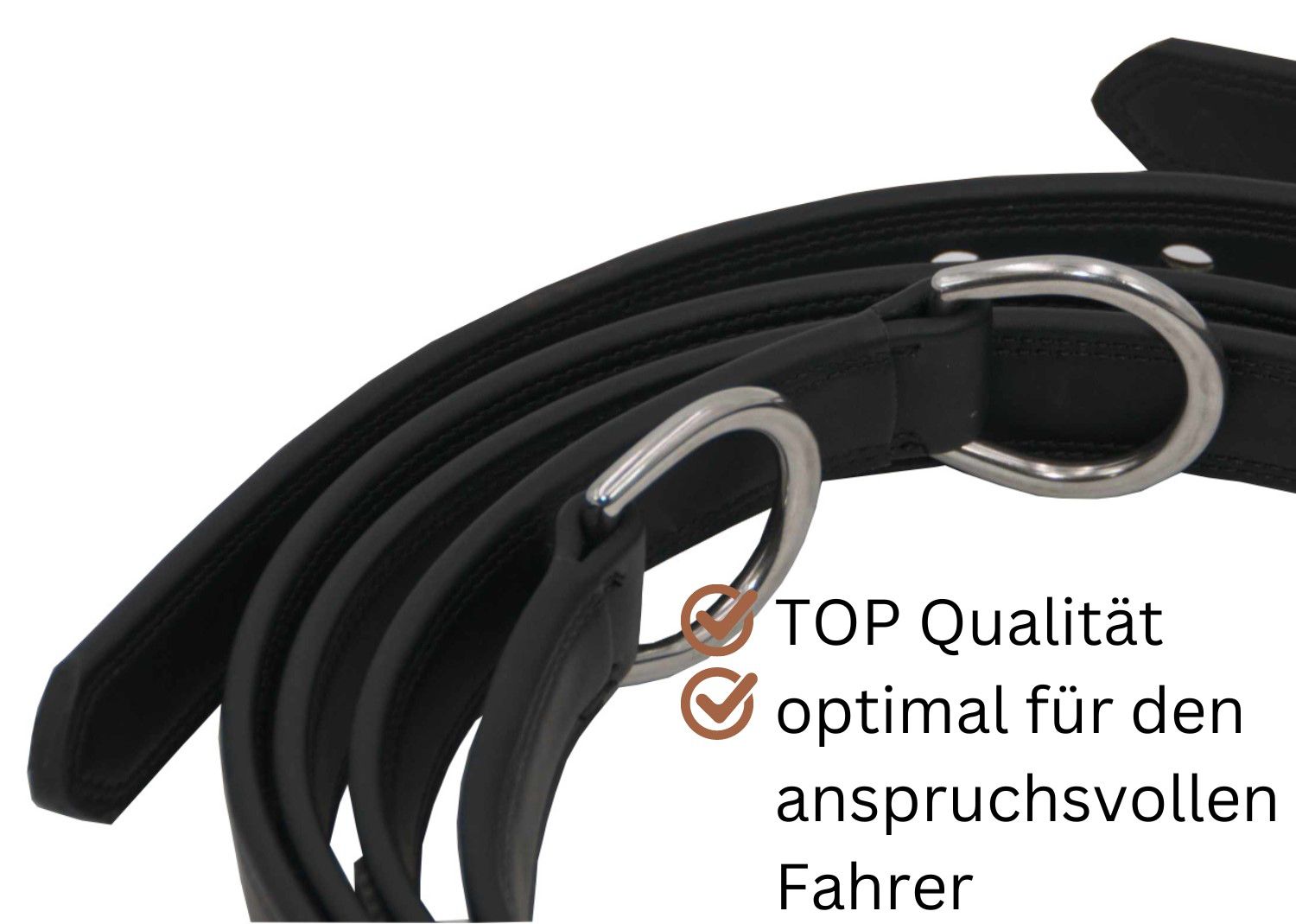 Schwarze Zugstränge mit Metallringen. Text: TOP Qualität, optimal für den anspruchsvollen Fahrer.