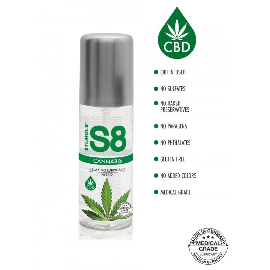 Zylindrische Flasche mit silbernem Deckel. Aufschrift: S8, Cannabis, CBD. Grünes Cannabis-Blatt-Logo. Made in Germany. Zusätzliche Textinformationen.