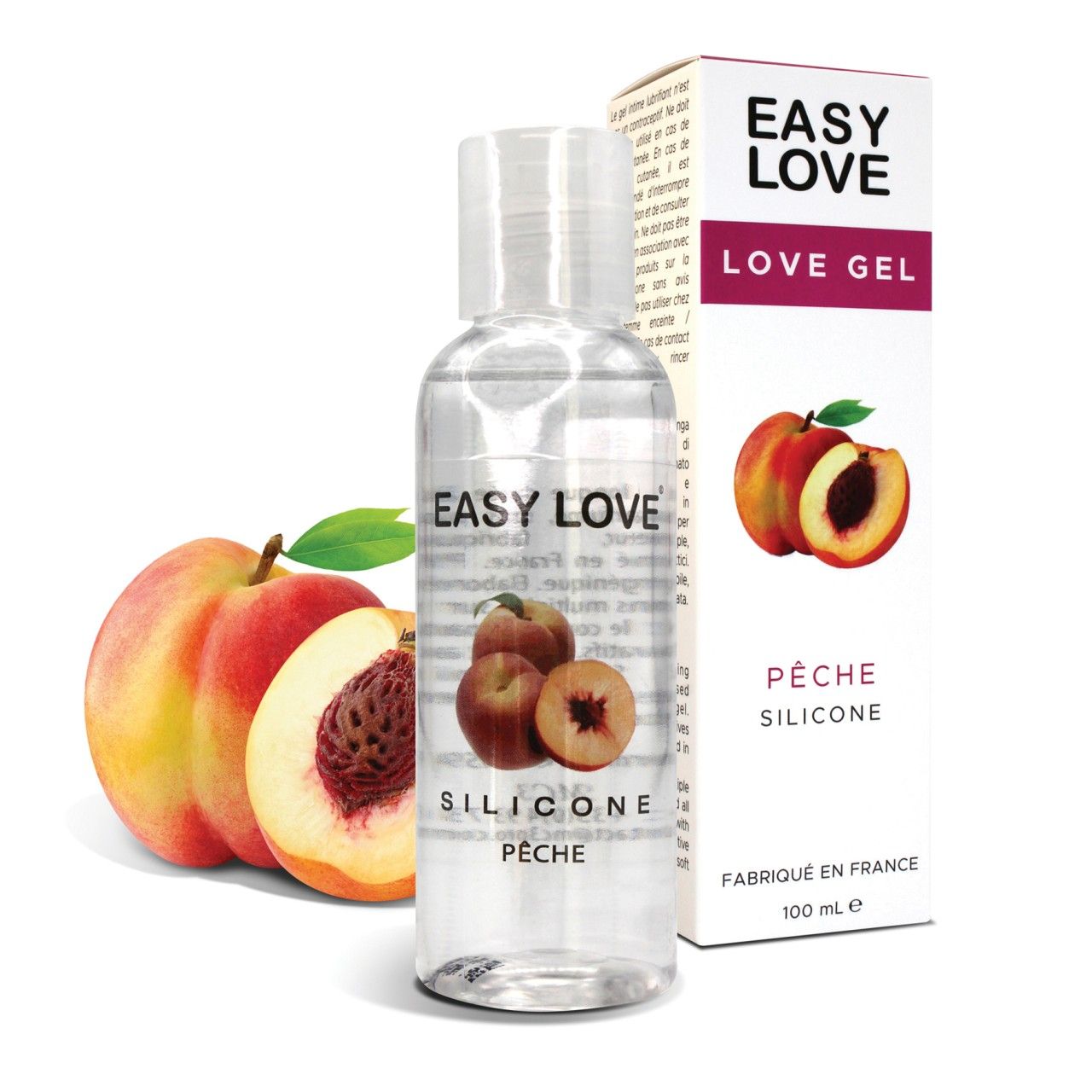 Klare Flasche mit "EASY LOVE" und "LOVE GEL" Aufschrift. Daneben eine Verpackung mit Pfirsich-Abbildung und Text.  Pfirsiche.