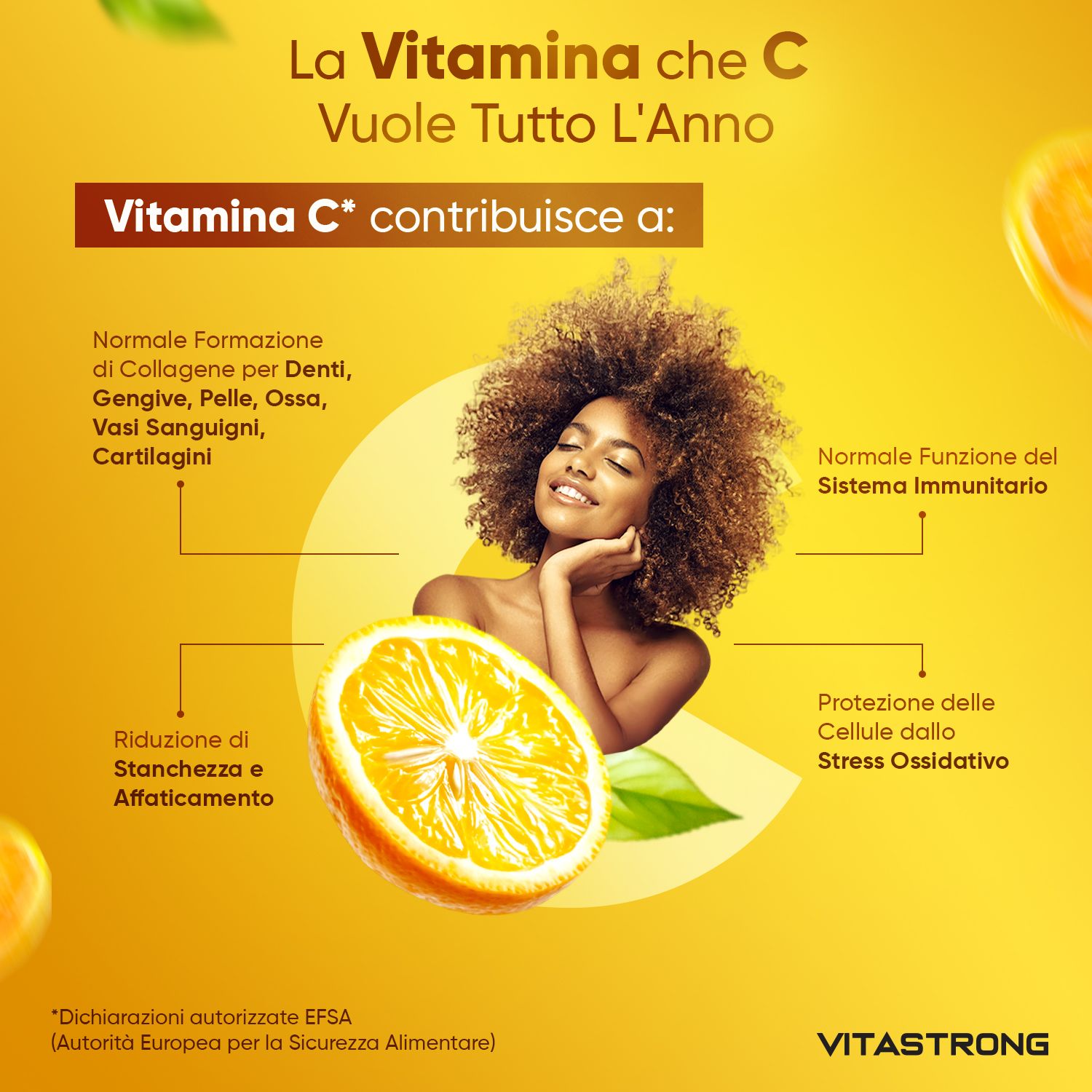 Werbung für Vitamin C. Frau mit Orange. Text: Vitamin C trägt bei zu: Kollagenbildung, Immunsystem, etc. Marke: VITASTORNG.