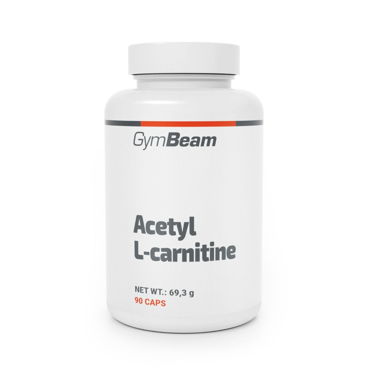 Weiße Dose mit GymBeam Acetyl L-Carnitin Kapseln. Enthält 90 Kapseln.