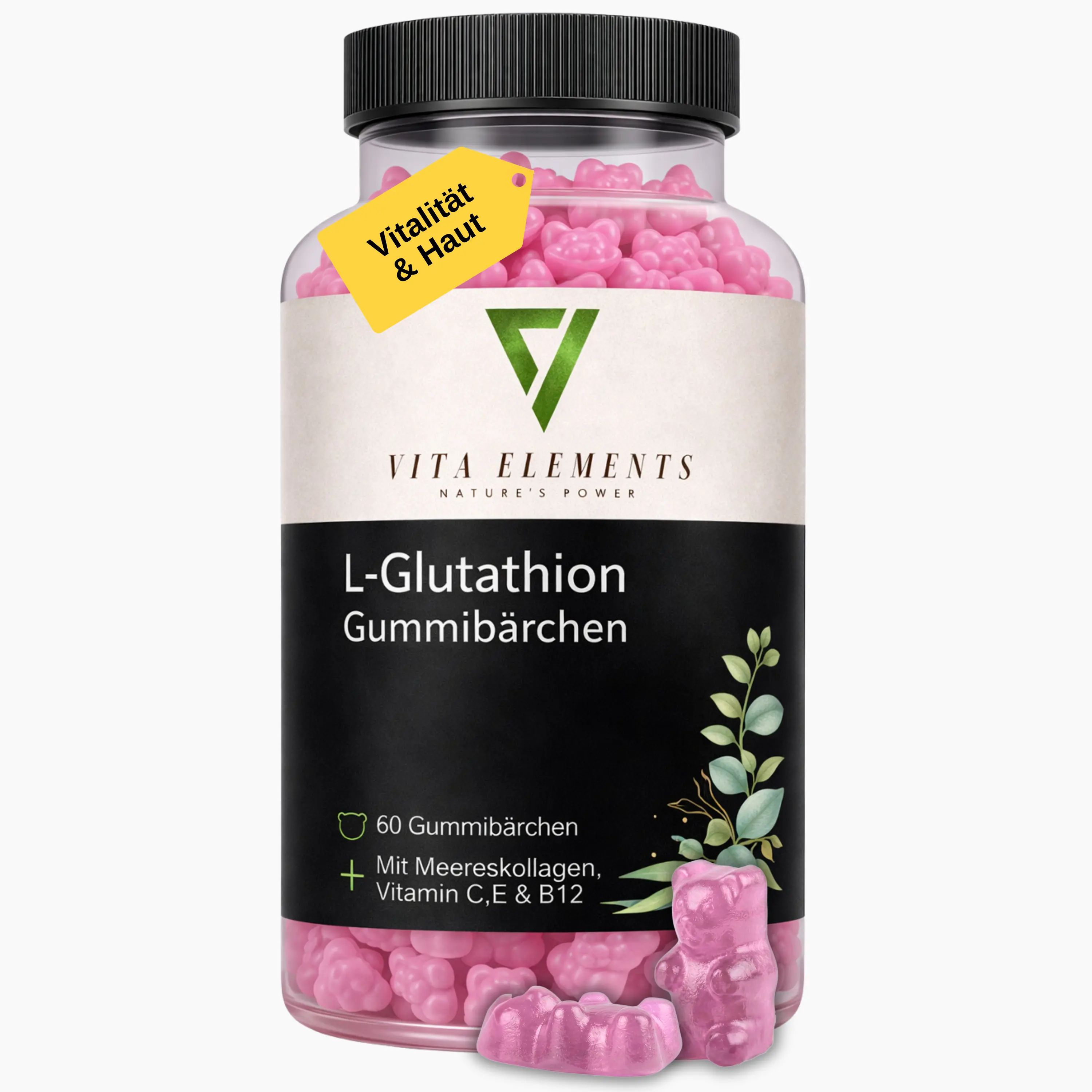 Flasche Vita Elements L-Glutathion Gummibärchen mit gelbem Etikett 'Vitalität & Haut'.