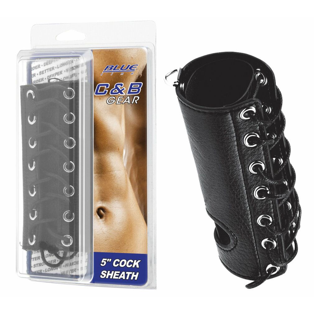 Schwarze Peniskorsett-Hülle mit Leinenöse. In Blisterverpackung. Aufgedrucktes Logo: BLUE C&B GEAR. Aufschrift: 5" COCK SHEATH.
