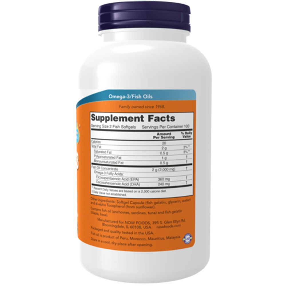 Rückseite der Dose Now Foods Omega-3 Fischöl 1000mg. Enthält Nährwertangaben und Inhaltsstoffe.