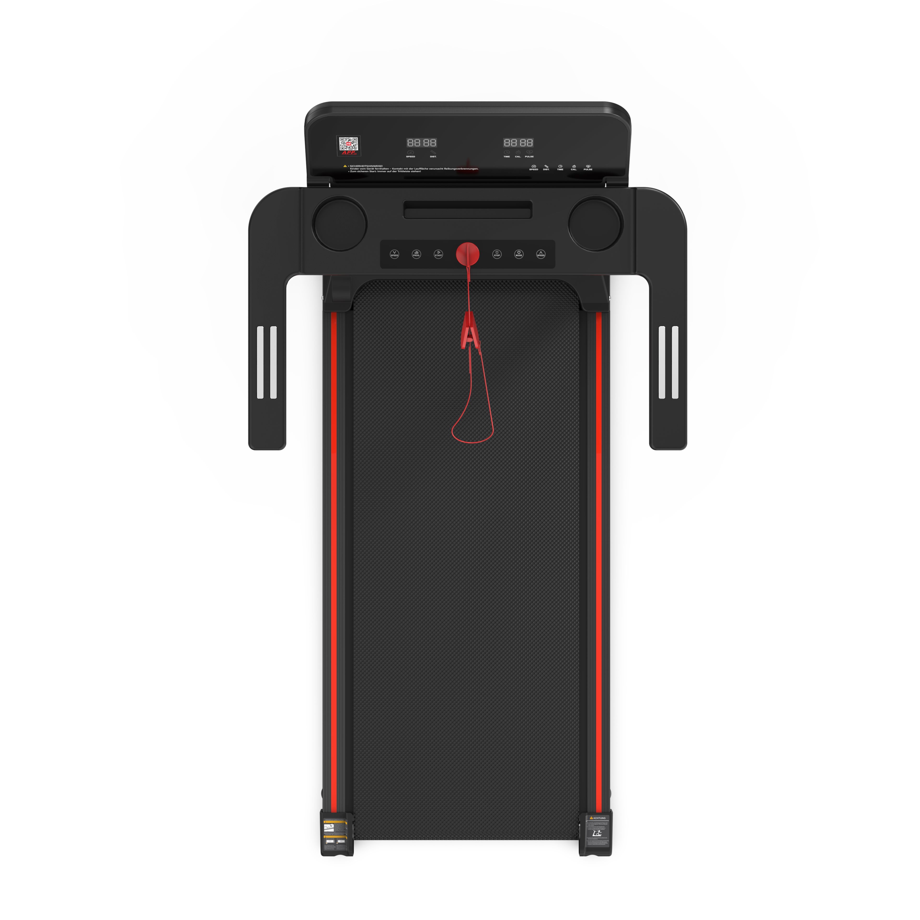 Draufsicht auf ein schwarzes Laufband mit roter Linie. Mit LED-Display und Haltegriffen.