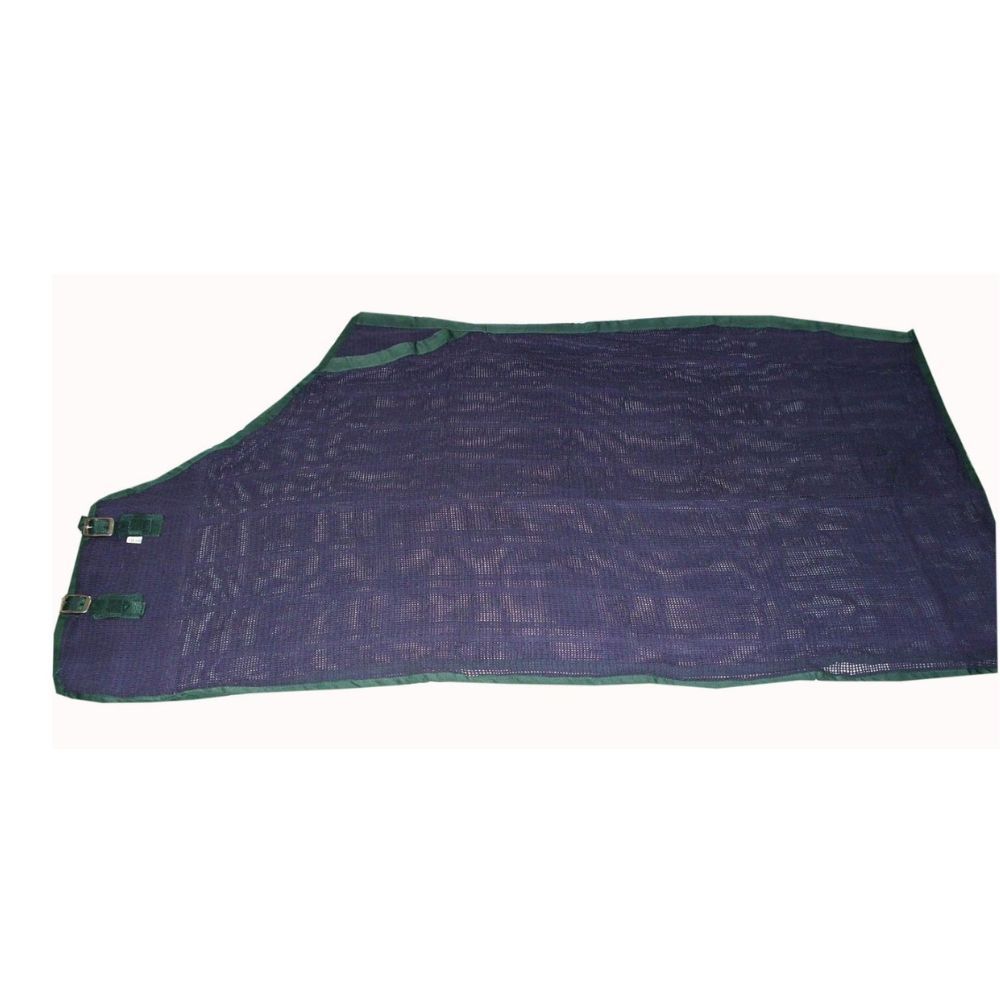 Dunkelblaue Fliegendecke mit grünen Rändern und Verschlüssen. Mesh-Material. Rechteckige Form.