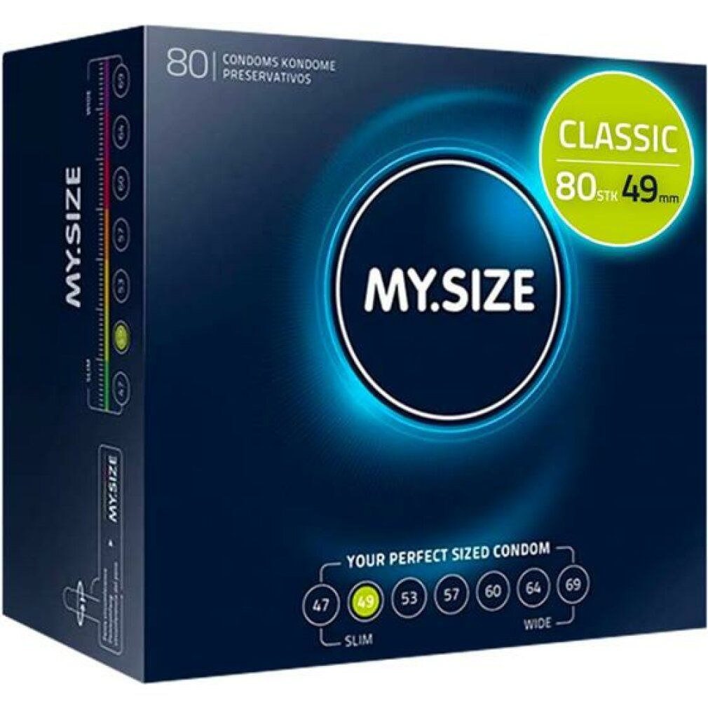 Dunkelblaue Schachtel mit MY.SIZE Logo. Enthält 80 Kondome. Größe 49 mm. Text: YOUR PERFECT SIZED CONDOM.