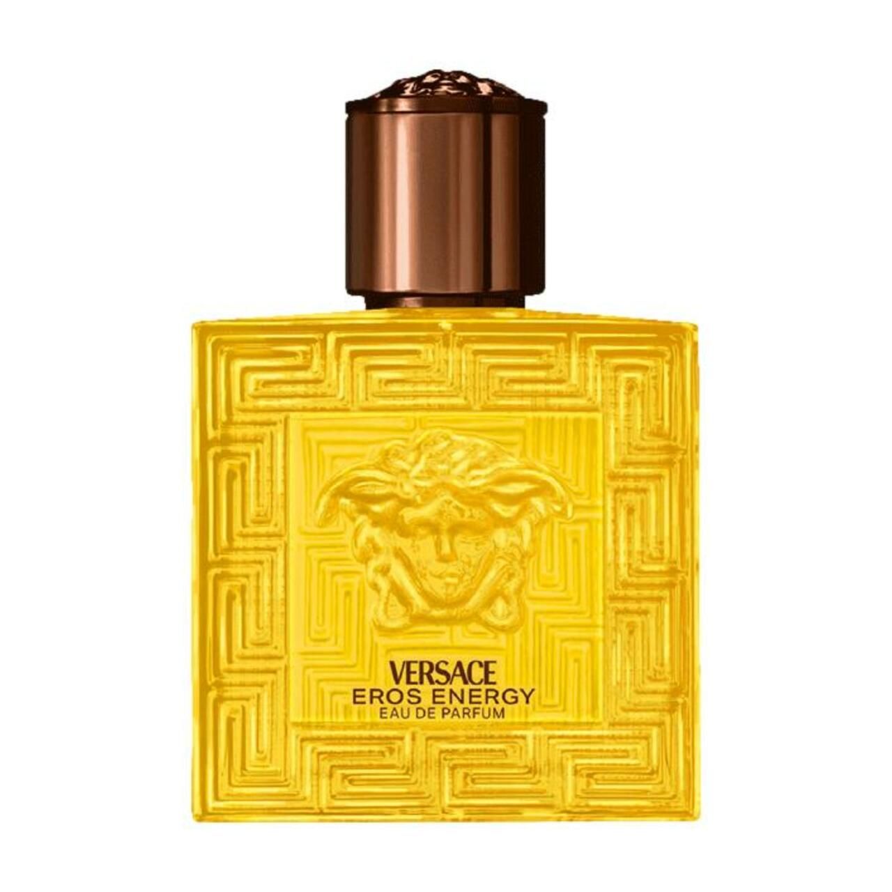 Gelber Flakon mit Versace-Logo und Schriftzug Eros Energy. Brauner Verschluss. Quadratische Form mit Reliefmuster.