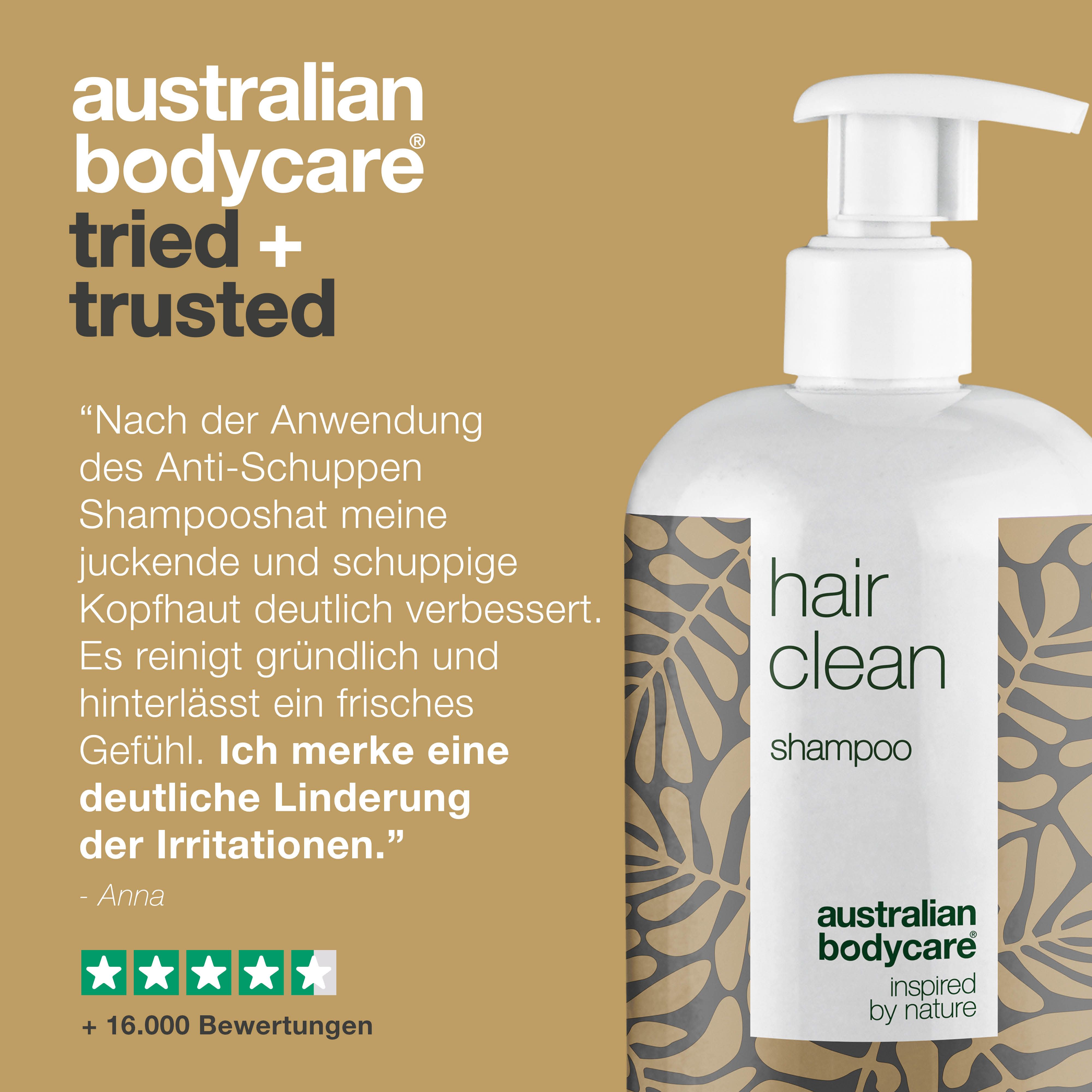 Shampoo-Flasche. Aufschrift: Hair Clean Shampoo. Marke: Australian Bodycare. Text: Getestet und bewährt. Kundenbewertung.