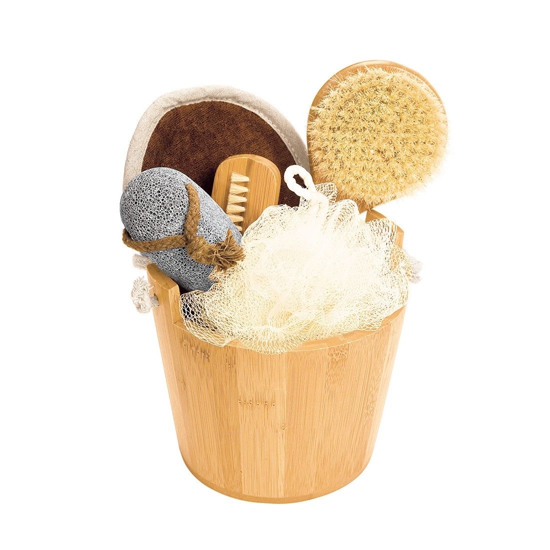 Bambus-Eimer mit Badebürste, Bimsstein, Schwamm, Fußbürste und Peeling-Pad. Wellness-Set.
