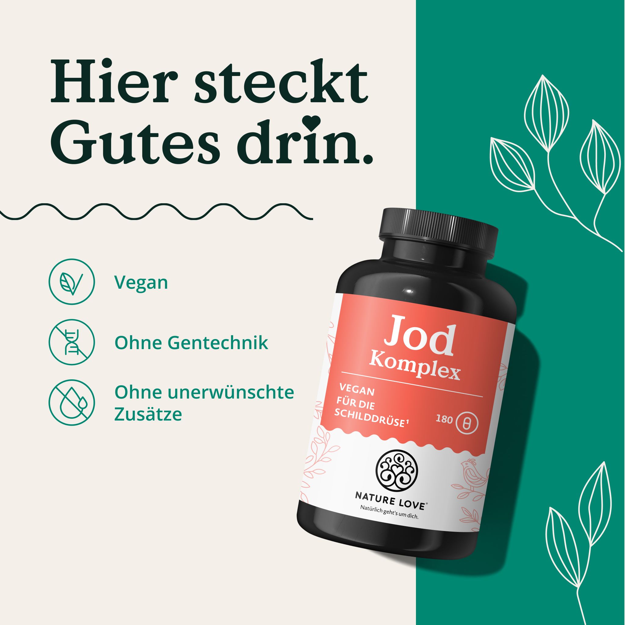 Flasche 'Jod Komplex'. Vegan, ohne Gentechnik, ohne unerwünschte Zusätze. Für die Schilddrüse, 180 Kapseln.