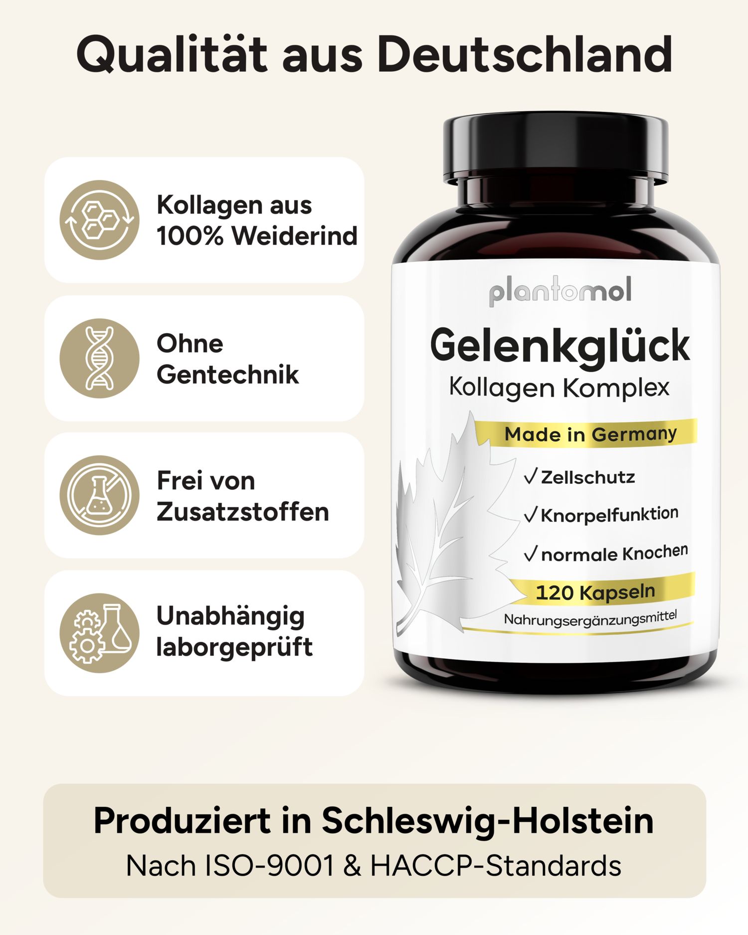 Qualität aus Deutschland. Flasche plantomol® Gelenkglück Kapseln. Ohne Gentechnik. Frei von Zusatzstoffen. Laborgeprüft. 120 Kapseln.