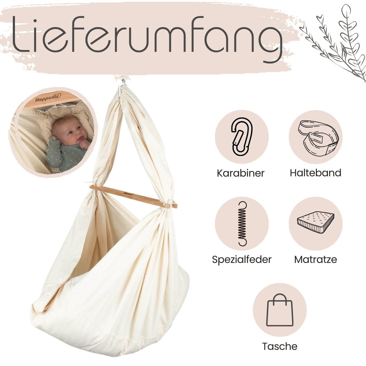 Federwiege mit Zubehör: Karabiner, Halteband, Spezialfeder, Matratze, Tasche. Baby in der Wiege.
