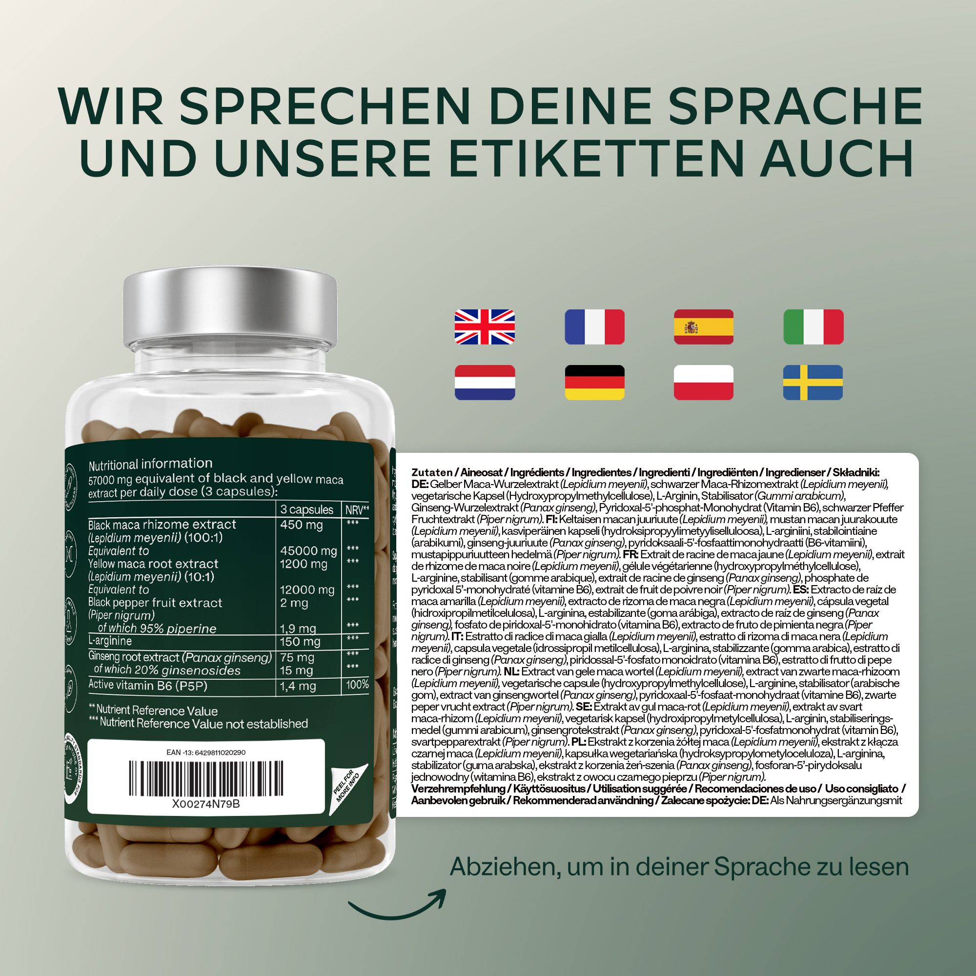 Flasche Aavalabs Maca Kapseln mit Flaggen, die verschiedene Sprachen der Etiketten anzeigen.