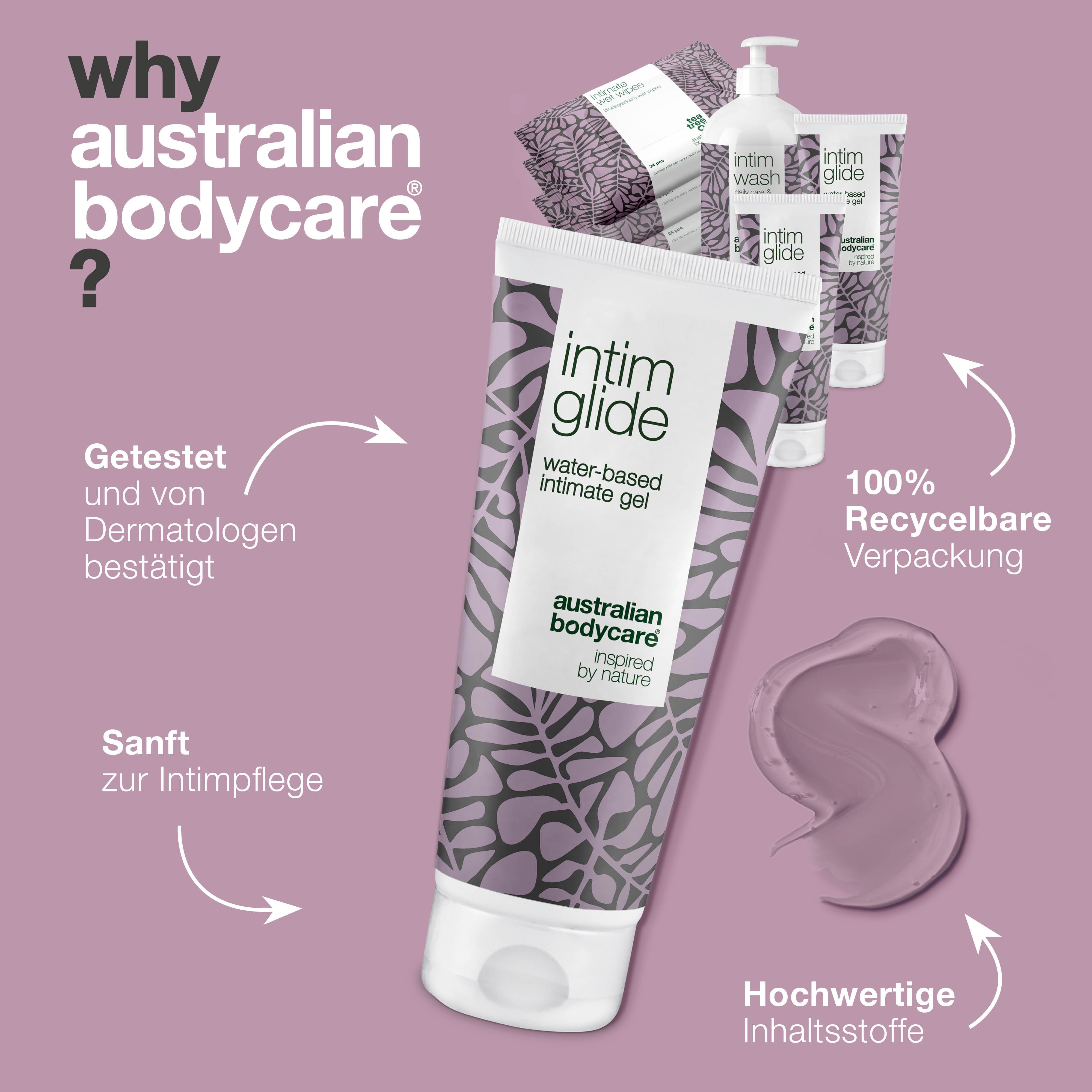 Tube Intim Glide, Produkte Intim Wash, Glide, Wet Wipes. Text: Warum Australian Bodycare?
