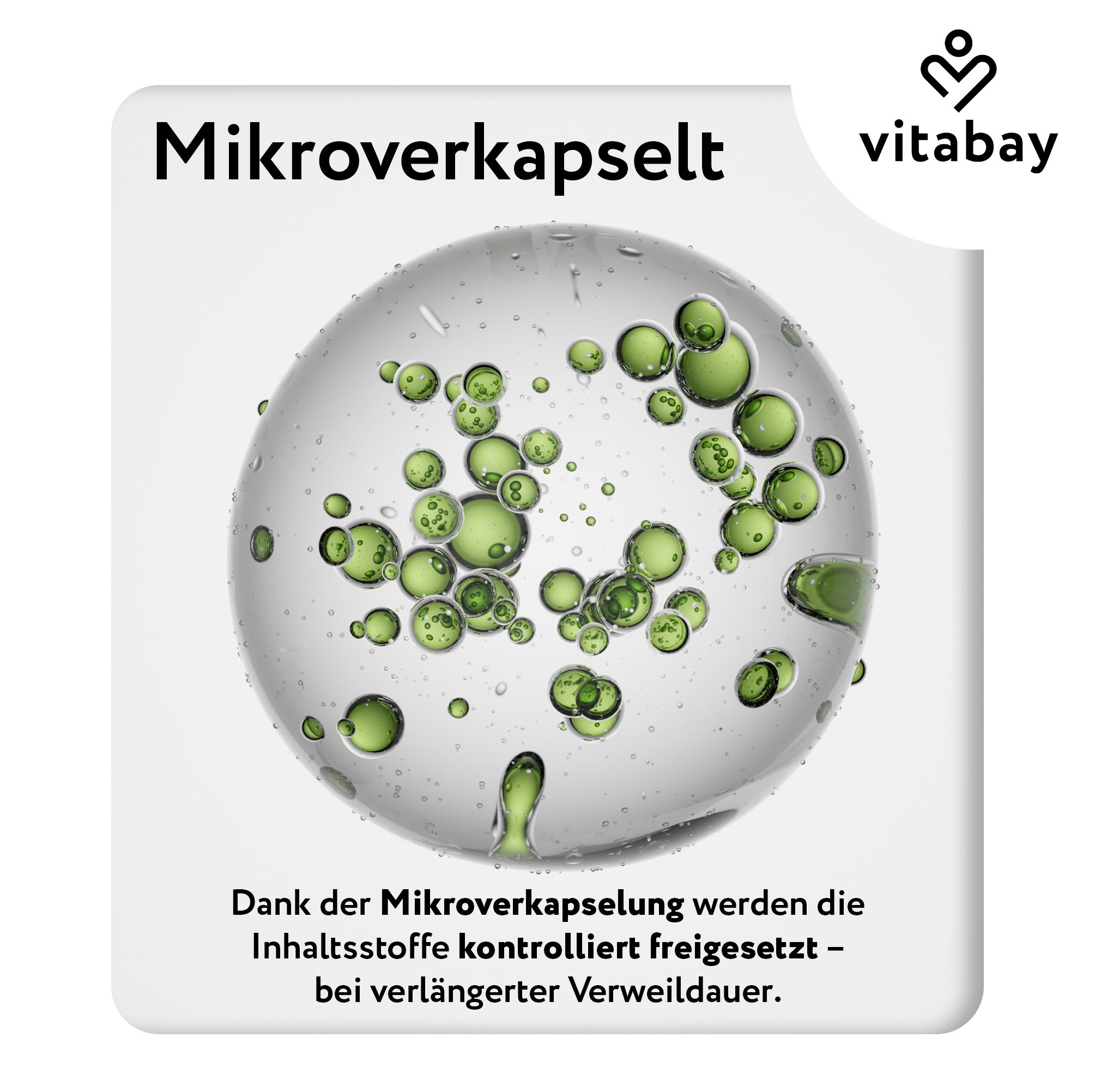 Mikroverkapselte grüne Kügelchen in einer transparenten Kugel. Text: Dank der Mikroverkapselung werden die Inhaltsstoffe kontrolliert freigesetzt.