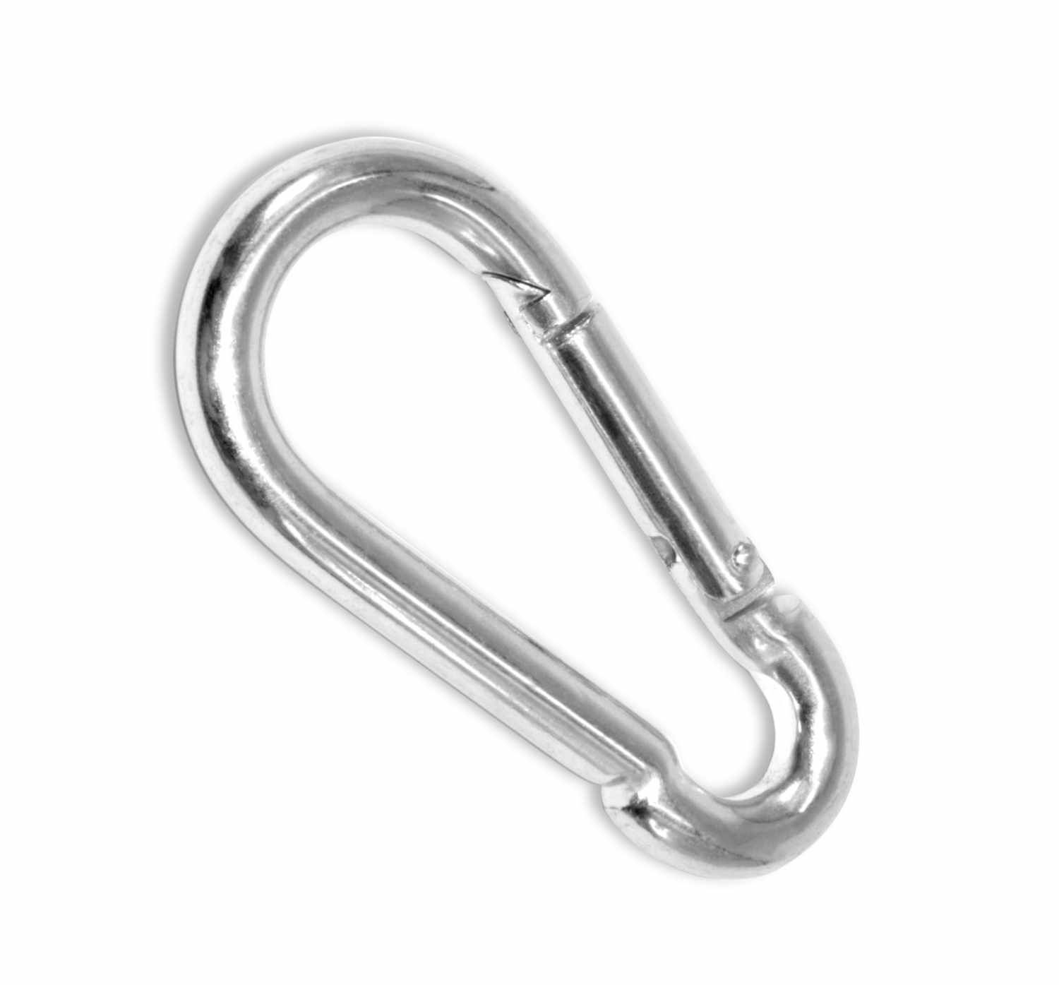 Silberfarbener Karabinerhaken, leicht schräg von oben fotografiert. Offene Seite mit Federverschluss.