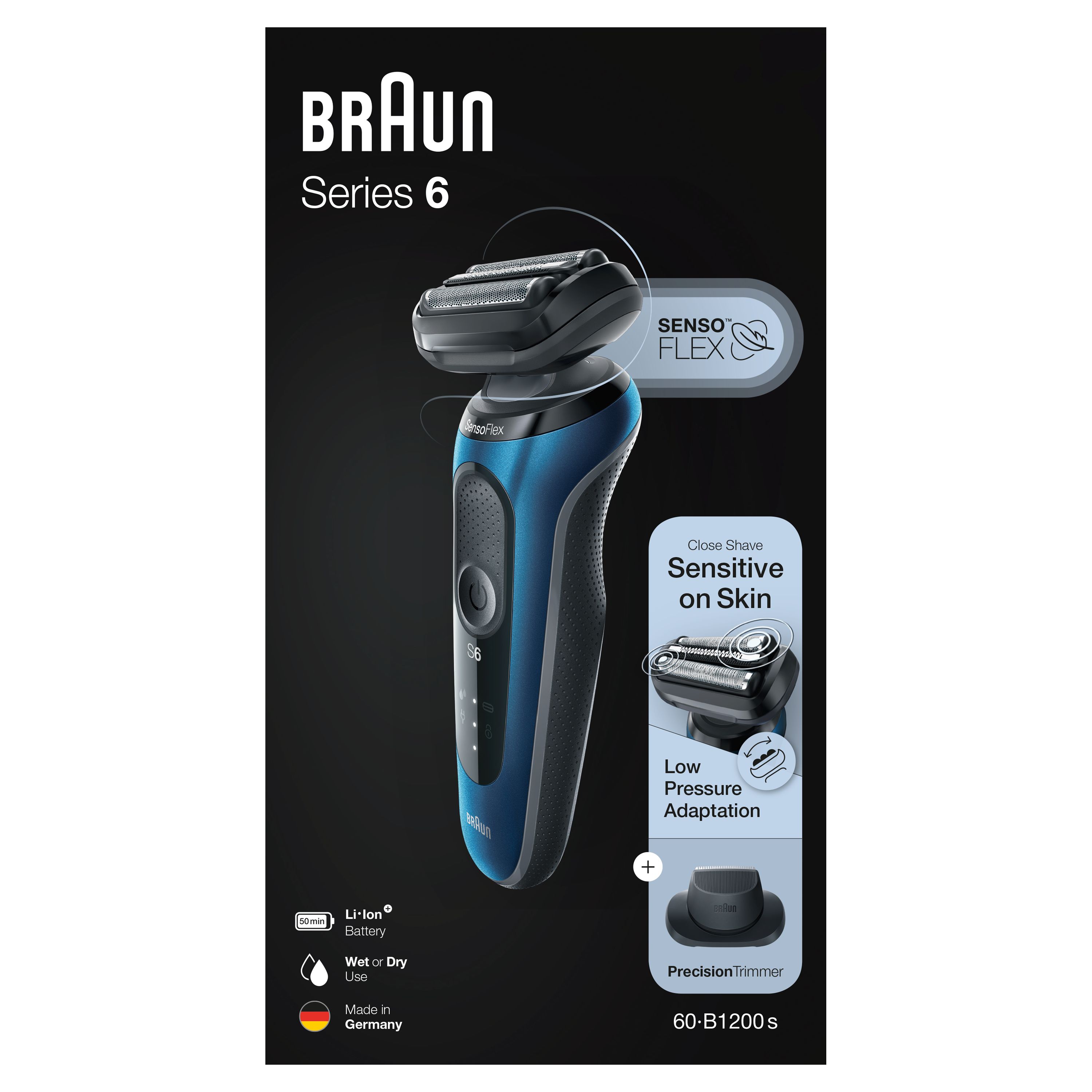 Braun Series 6 Elektrorasierer, blau, mit Verpackung. SensoFlex-Technologie, 60-B1200s. Wet & Dry, Made in Germany.