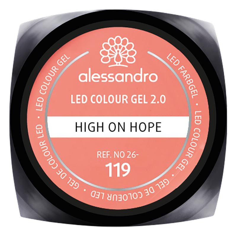 Runder Tiegel mit LED Colour Gel 2.0. Aufschrift: Alessandro, HIGH ON HOPE, Ref. 26-119. Farbton: Koralle.