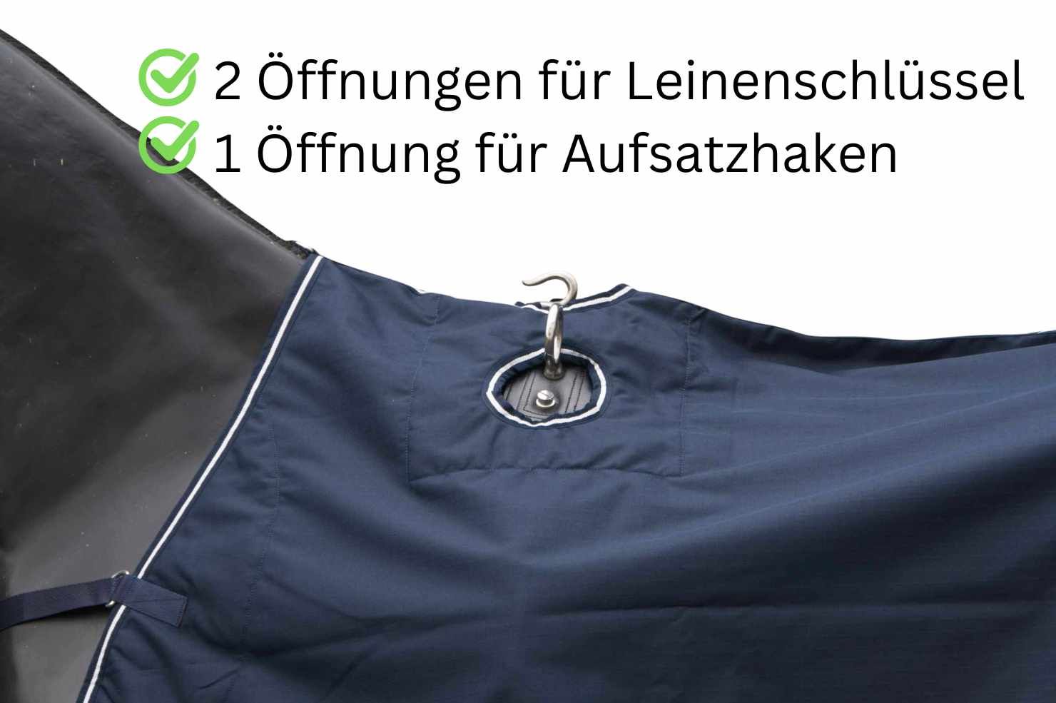 Blaue Decke mit weißen Nähten. Zwei Öffnungen für Leinenschlüssel und eine für Aufsatzhaken.