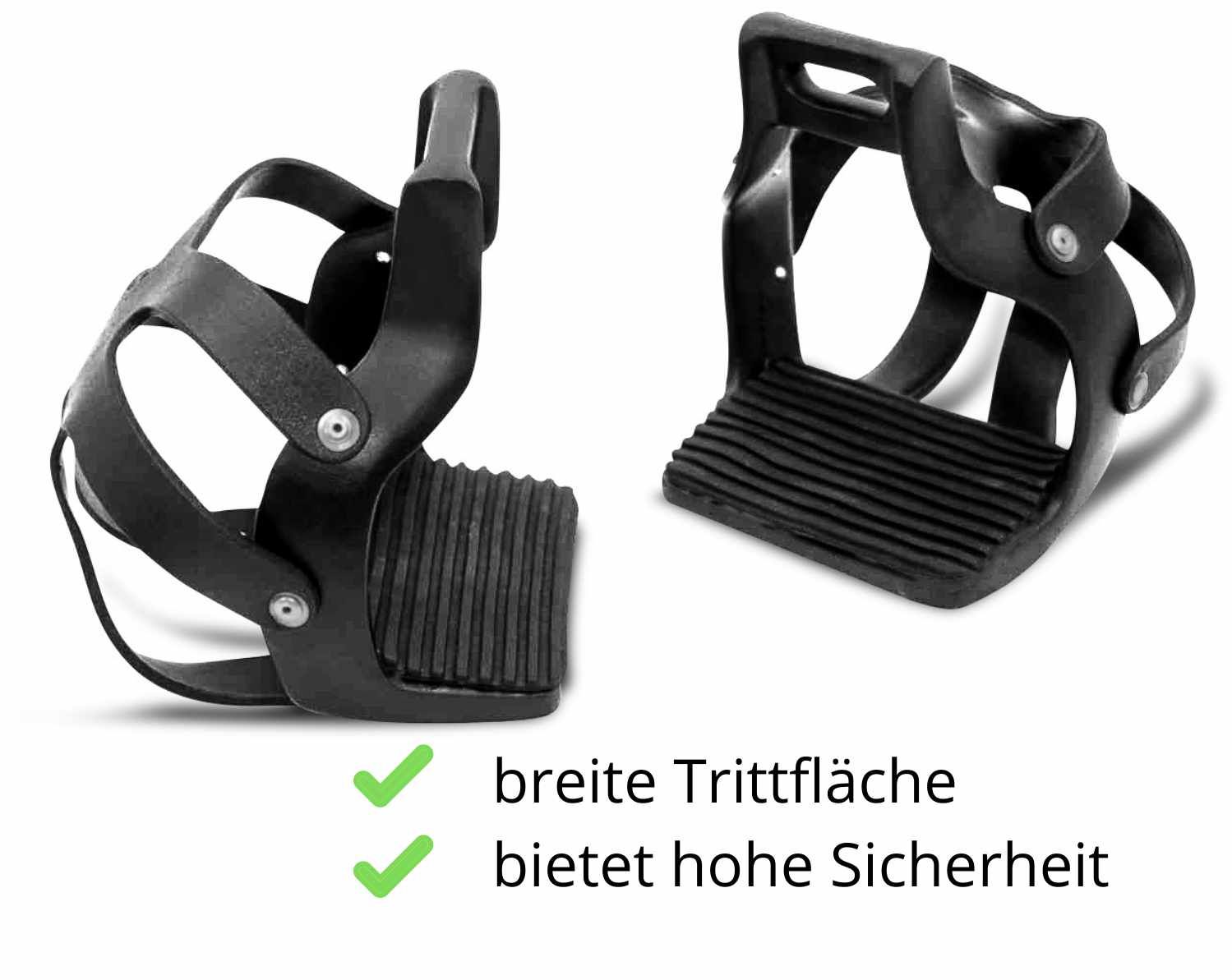 Zwei schwarze Steigbügel mit Korb. Text: breite Trittfläche, bietet hohe Sicherheit.