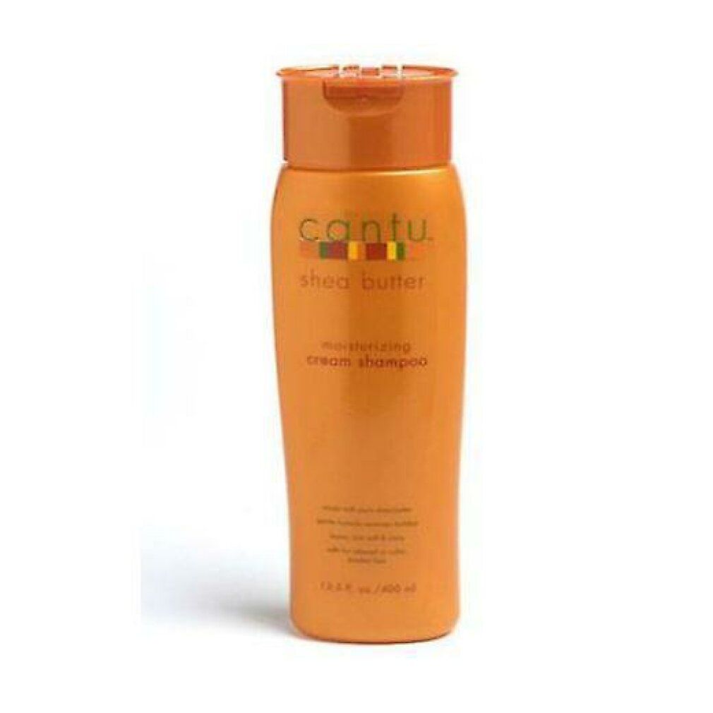 Orangefarbene Shampoo-Flasche mit Cantu-Logo und Text. Enthält Shea Butter. Produktname: Moisturizing Cream Shampoo.
