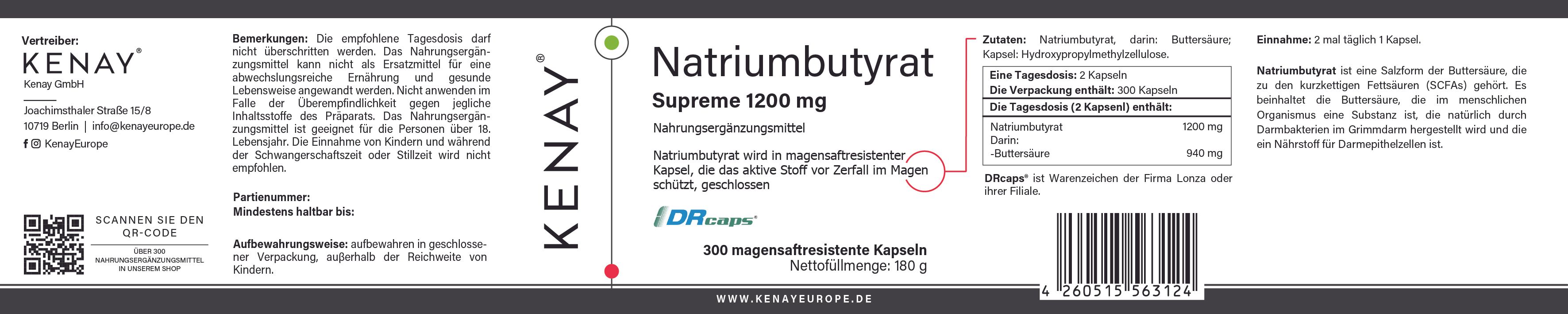 Natriumbutyrat SUPREME 1200 mg | 300 Kapseln magenresistent | Nahrungsergänzungsmittel | KENAY®