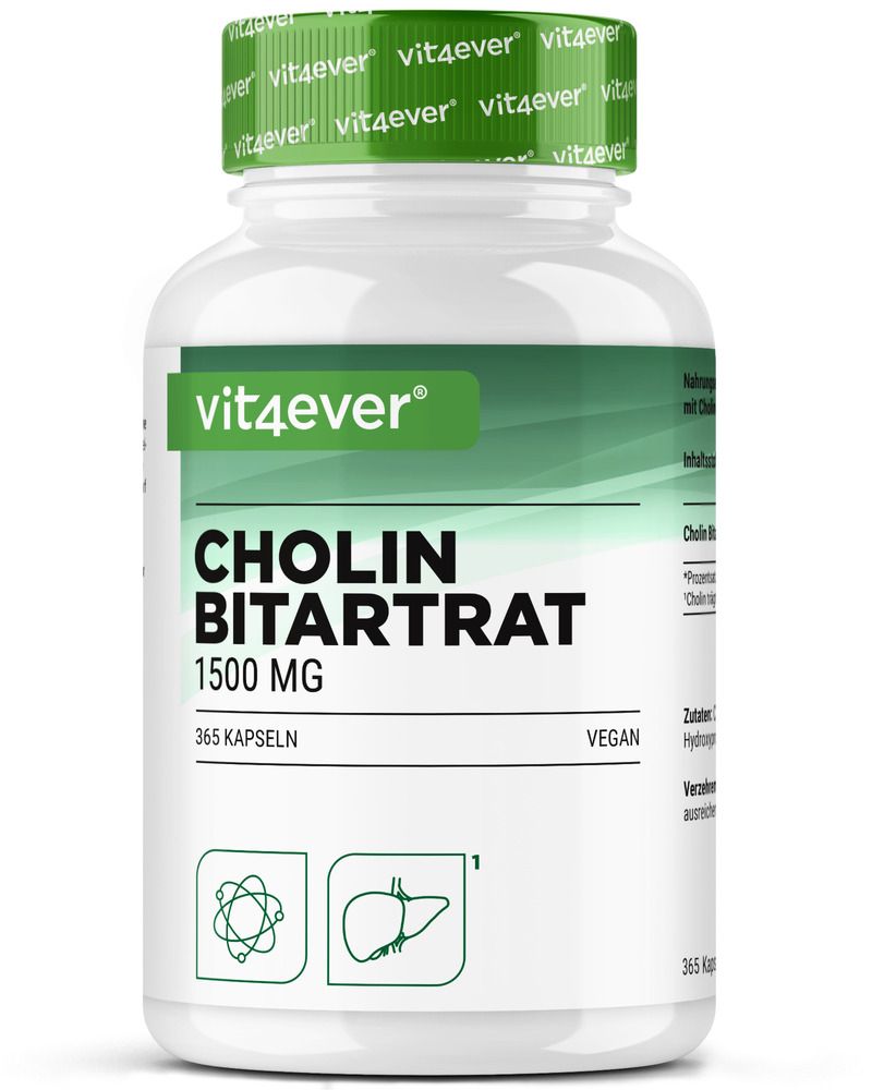 Weiße Flasche mit grünem Deckel. Aufschrift: Cholin Bitartrat 1500 mg. Vegan. Logo vit4ever. 365 Kapseln. Aufkleber mit Nährwertangaben.