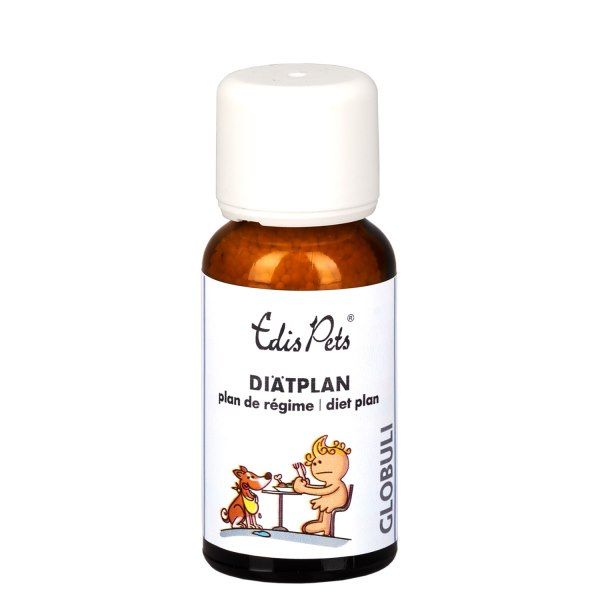 Braune Glasflasche mit weißem Deckel. Aufkleber mit "Edis Pets Diätplan". Abbildung: Hund und Person am Tisch. Text: Globuli.