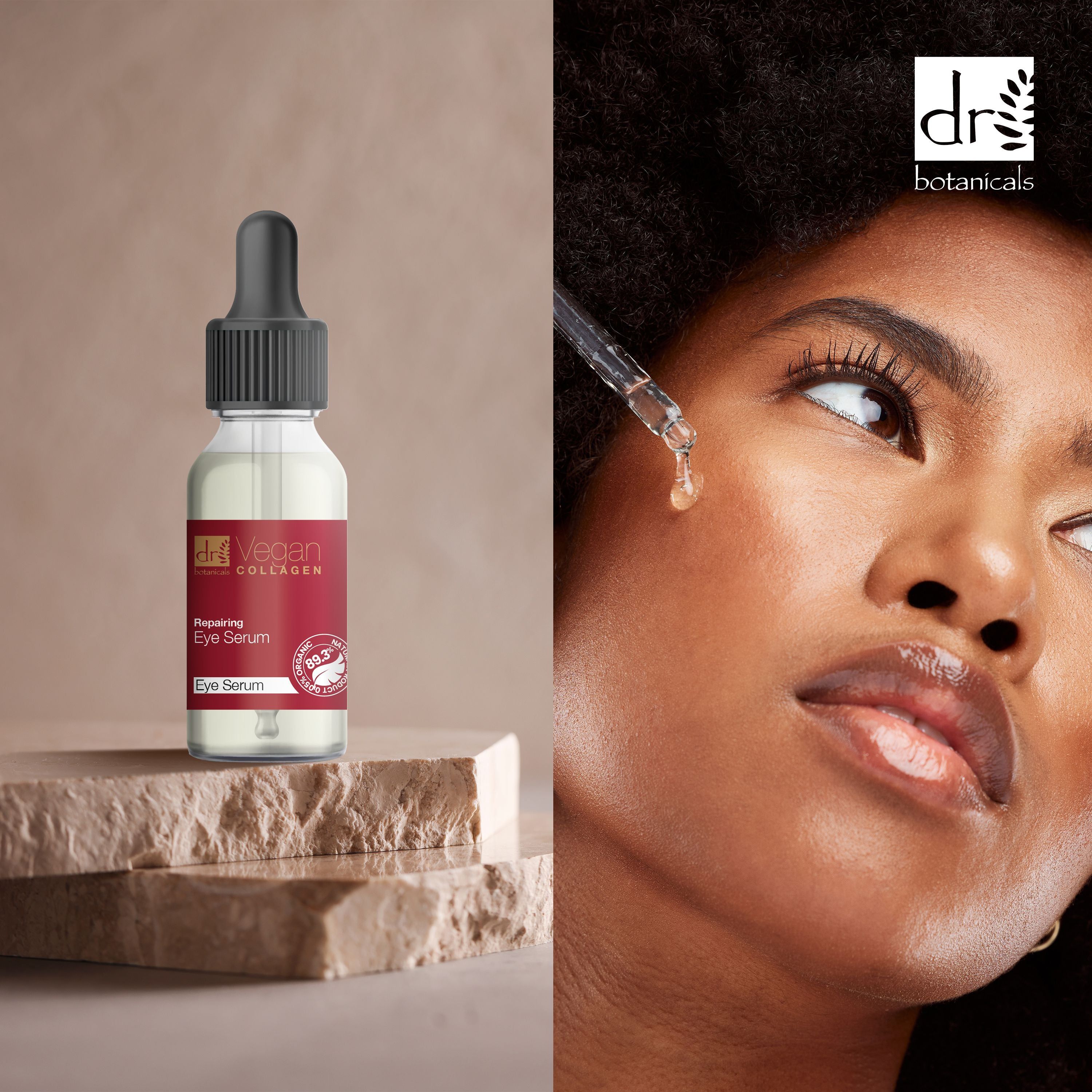 Flasche mit Tropfer neben Gesicht. Tropfen auf Haut. Logo Dr Botanicals Vegan Collagen.