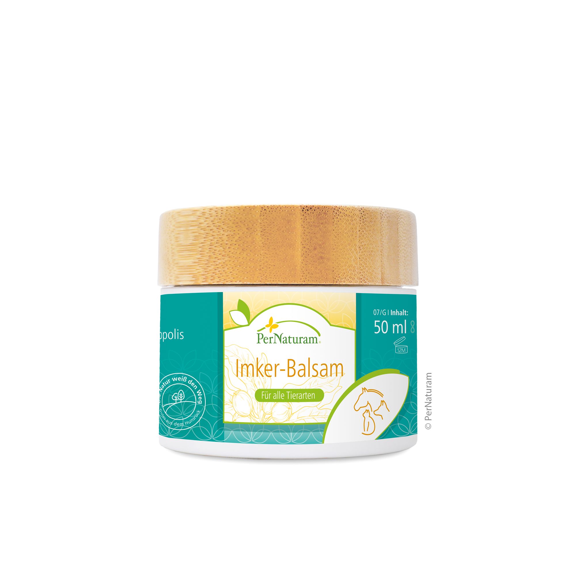Creme-Tiegel mit Holzdeckel. Aufschrift: Imker-Balsam. Marke: PerNaturam. Inhalt: 50 ml. Für alle Tierarten.