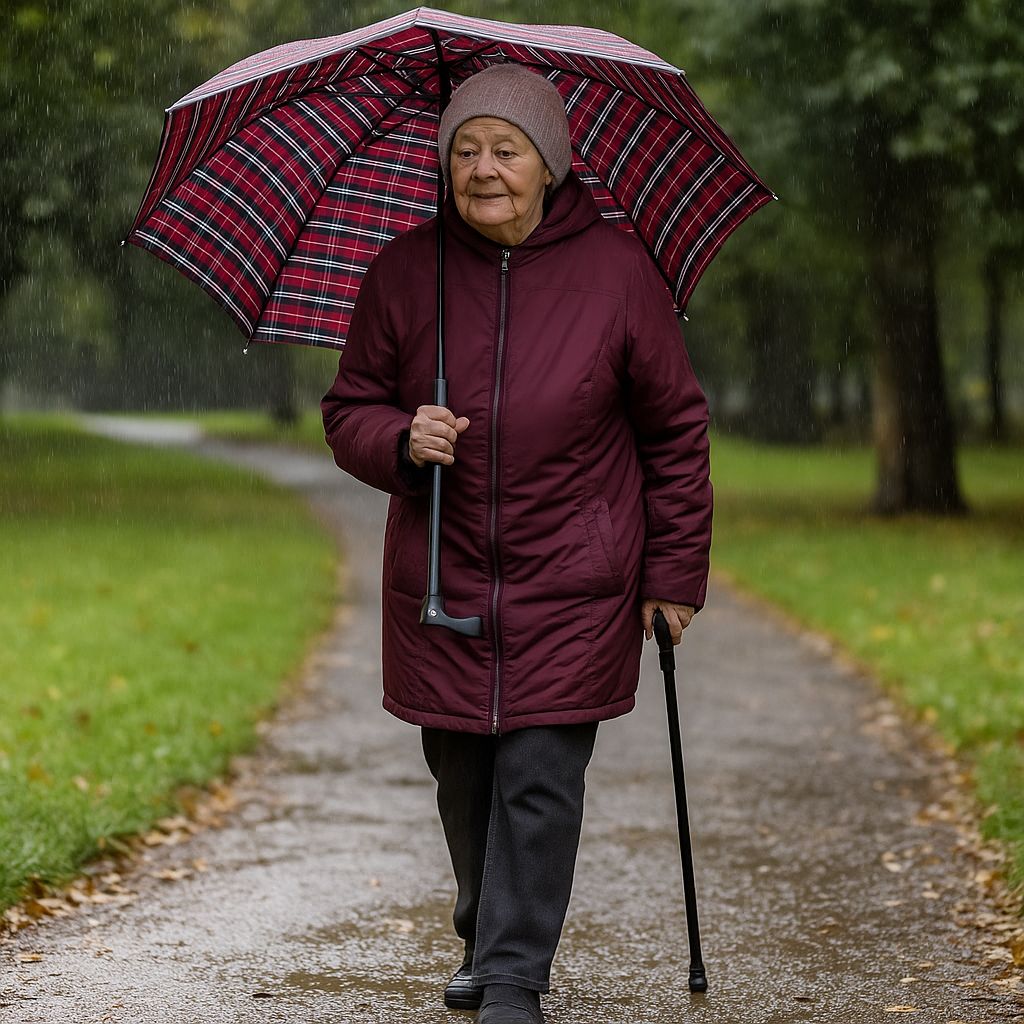 Ältere Frau mit rot-schwarz kariertem Regenschirm und Gehstock im Regen.