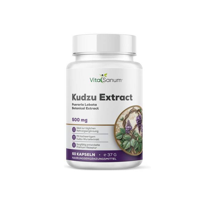 VitaSanum Kudzu Extract Kapseln, 500 mg, 60 Stück. Weißer Behälter mit lila Etikett und Abbildung einer Pflanze.