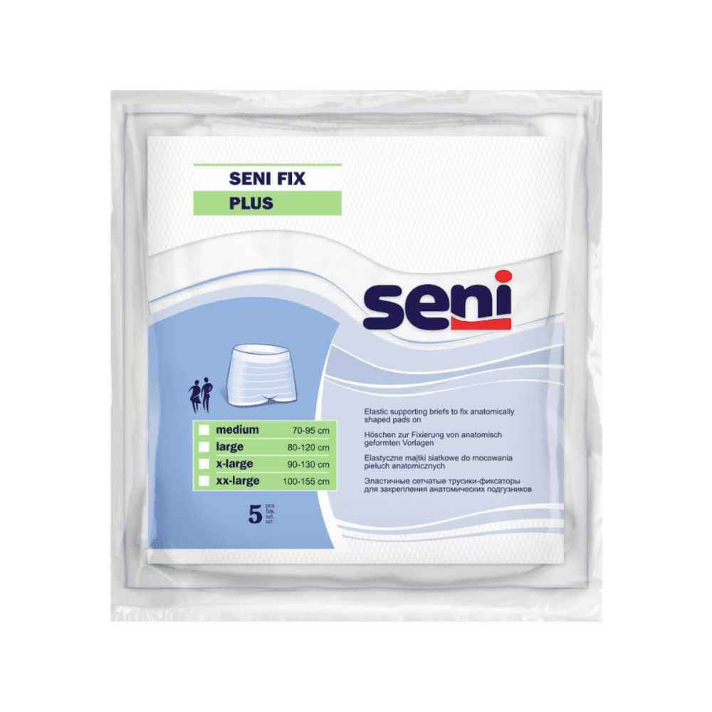 Verpackung mit Seni Fix Plus. Weiße Unterwäsche-Fixierhosen. Größenangaben: medium, large, x-large, xx-large. Marke: Seni.