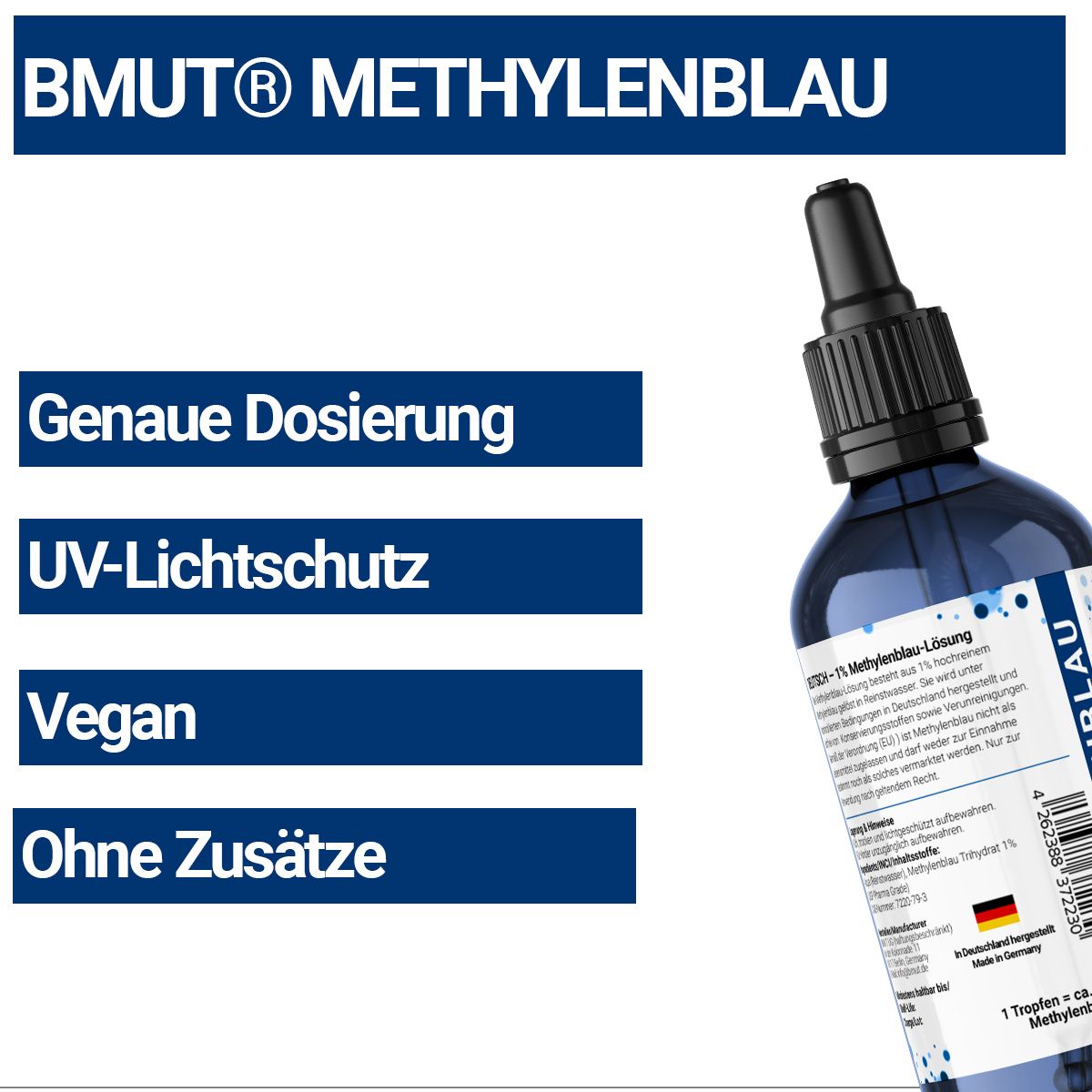 Blaue Flasche mit Tropfer. Text: Genaue Dosierung, UV-Lichtschutz, Vegan, Ohne Zusätze. Produktinformationen.