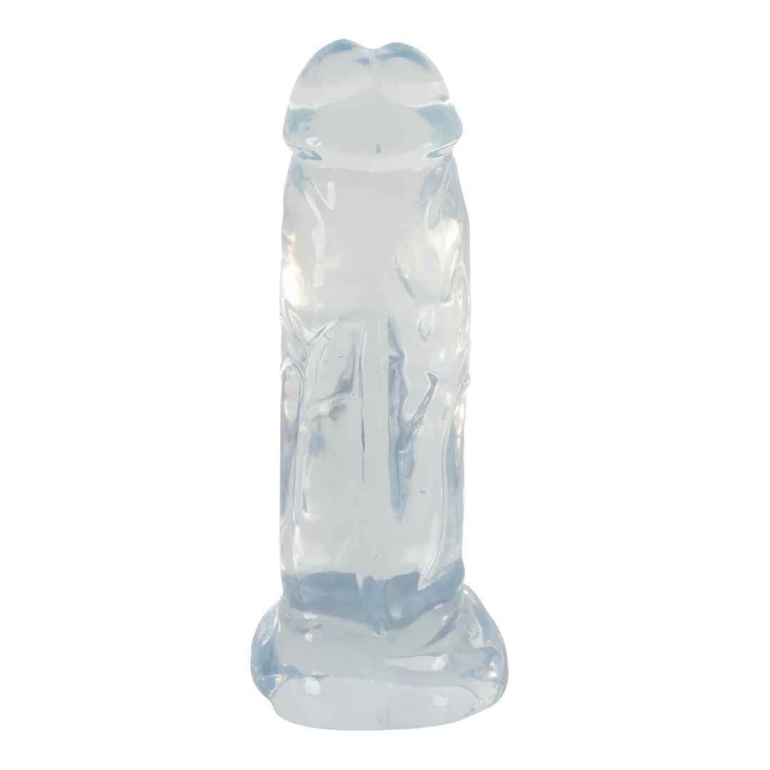 Transparentes, dickförmiges Objekt. Mit geriffelter Oberfläche und abgerundeter Spitze. Aufrecht stehend.