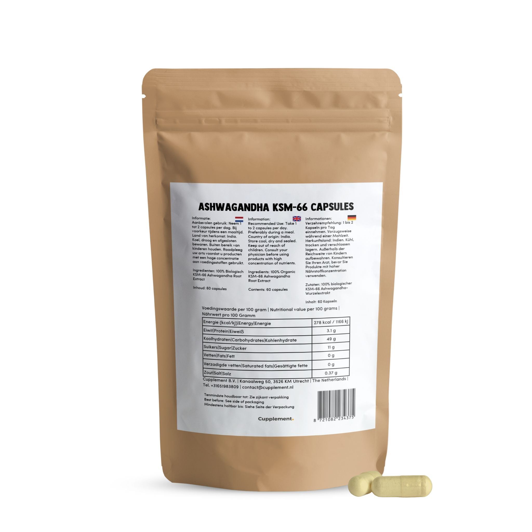 Beutel mit Kapseln. Aufschrift: Ashwagandha KSM-66 Capsules. Enthält 60 Kapseln. Mit Nährwertangaben.