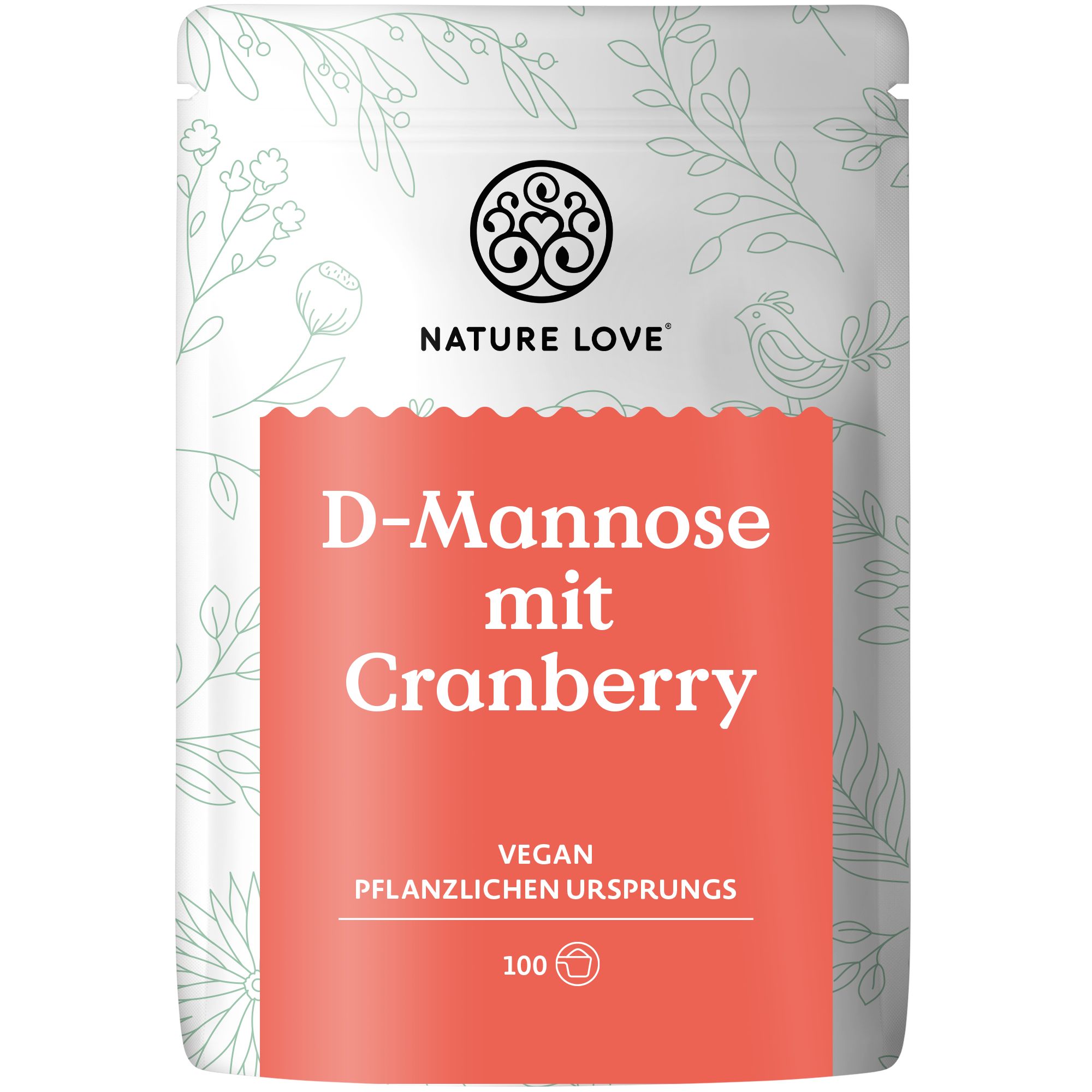 Beutel mit rotem Etikett. Aufschrift: D-Mannose mit Cranberry. Marke: NATURE LOVE. Vegan. Pflanzlichen Ursprungs. 100 Portionen.