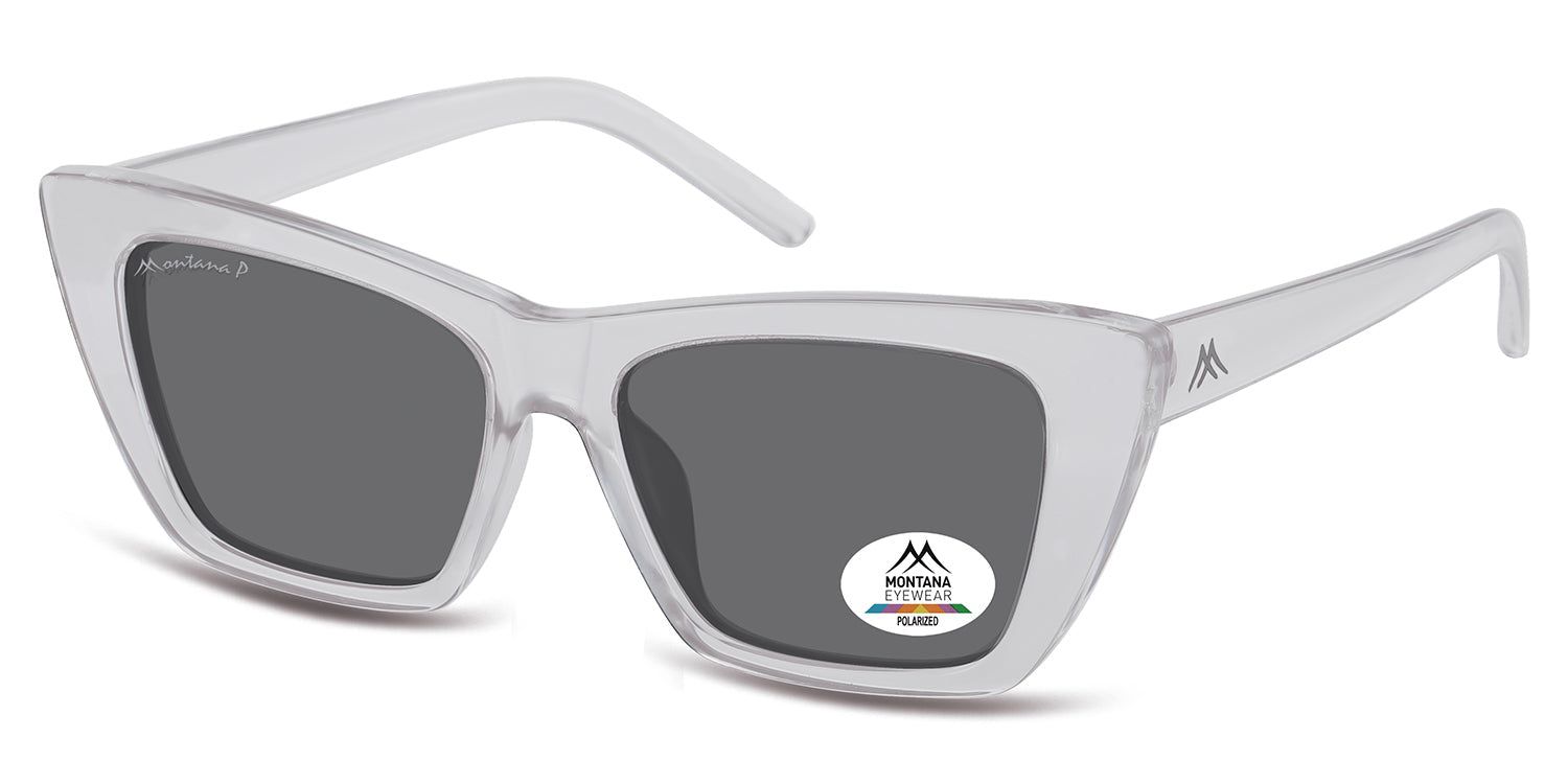 Graue Sonnenbrille, seitliche Ansicht. Eckige Form. Montana Eyewear Logo auf dem Glas. Polarisierte Gläser. Schwarze Bügel.